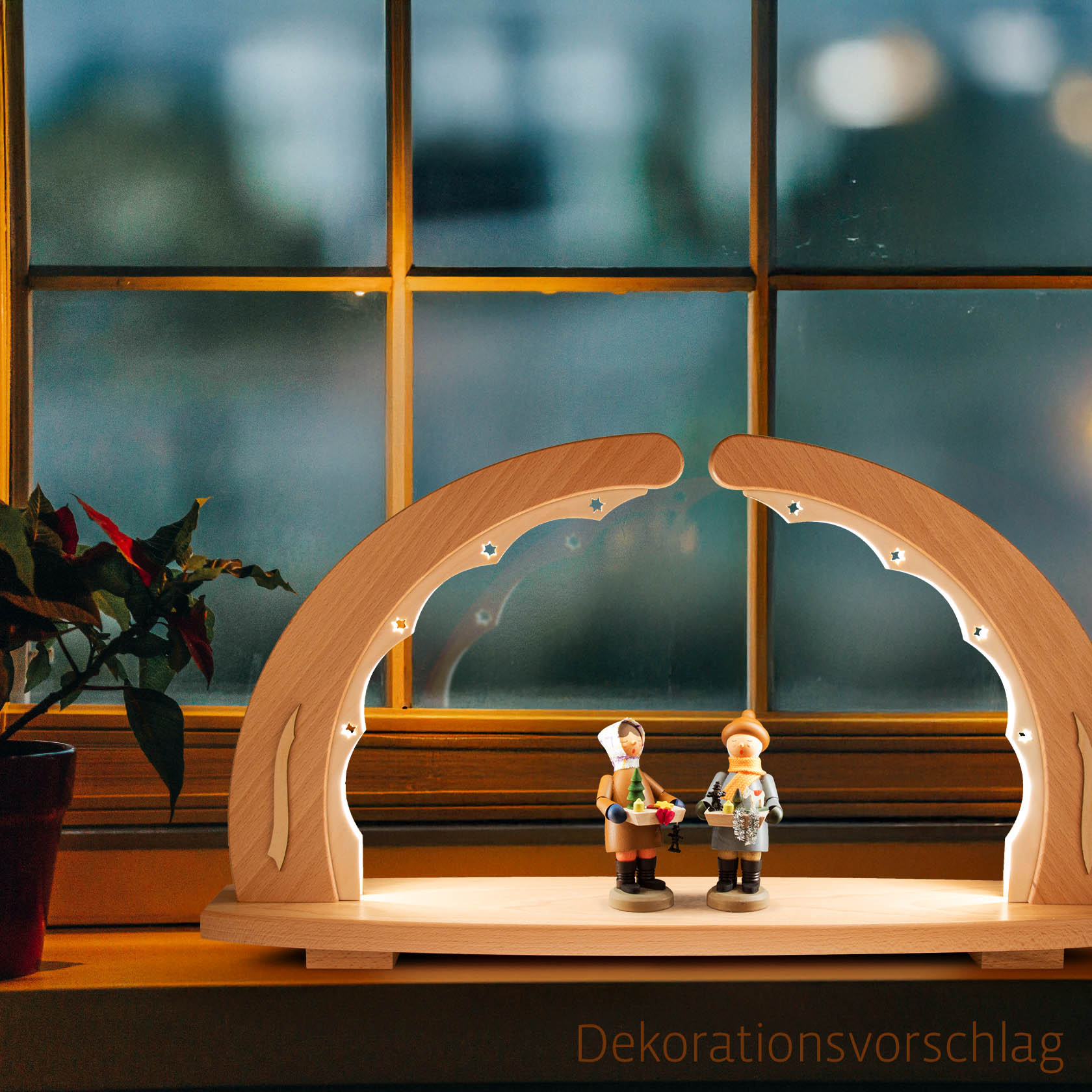 An unadorned wooden arch with indirect LED lighting, featuring two small traditional figurines on a windowsill.