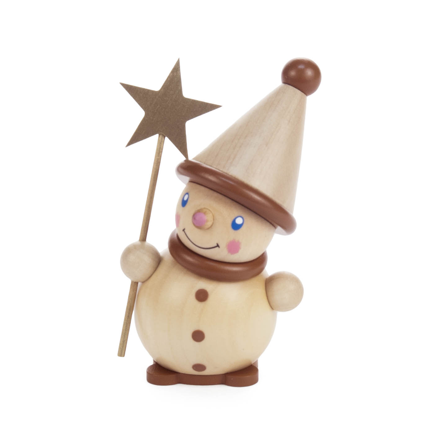 Holzwichtel mit spitzem Hut, rosa Wangen und blauem Augen. Hält einen goldenen Sternstab in der Hand. im Dregeno Online Shop günstig kaufen