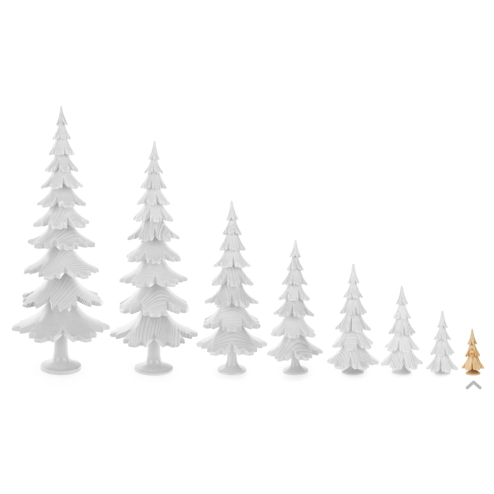 Set of seven white wooden trees and one small golden wooden tree in ascending order of size.