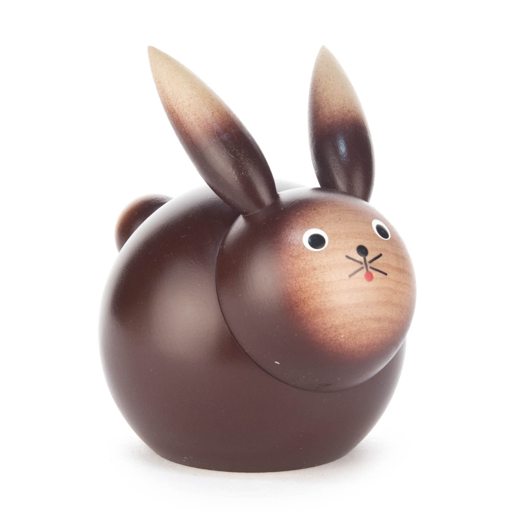 Mittelgroße, dunkelbraune Hasenfigur mit großen Ohren und einer runden Form. Der Hase hat runde Augen und eine einfache Zeichnung für Mund und Nase.