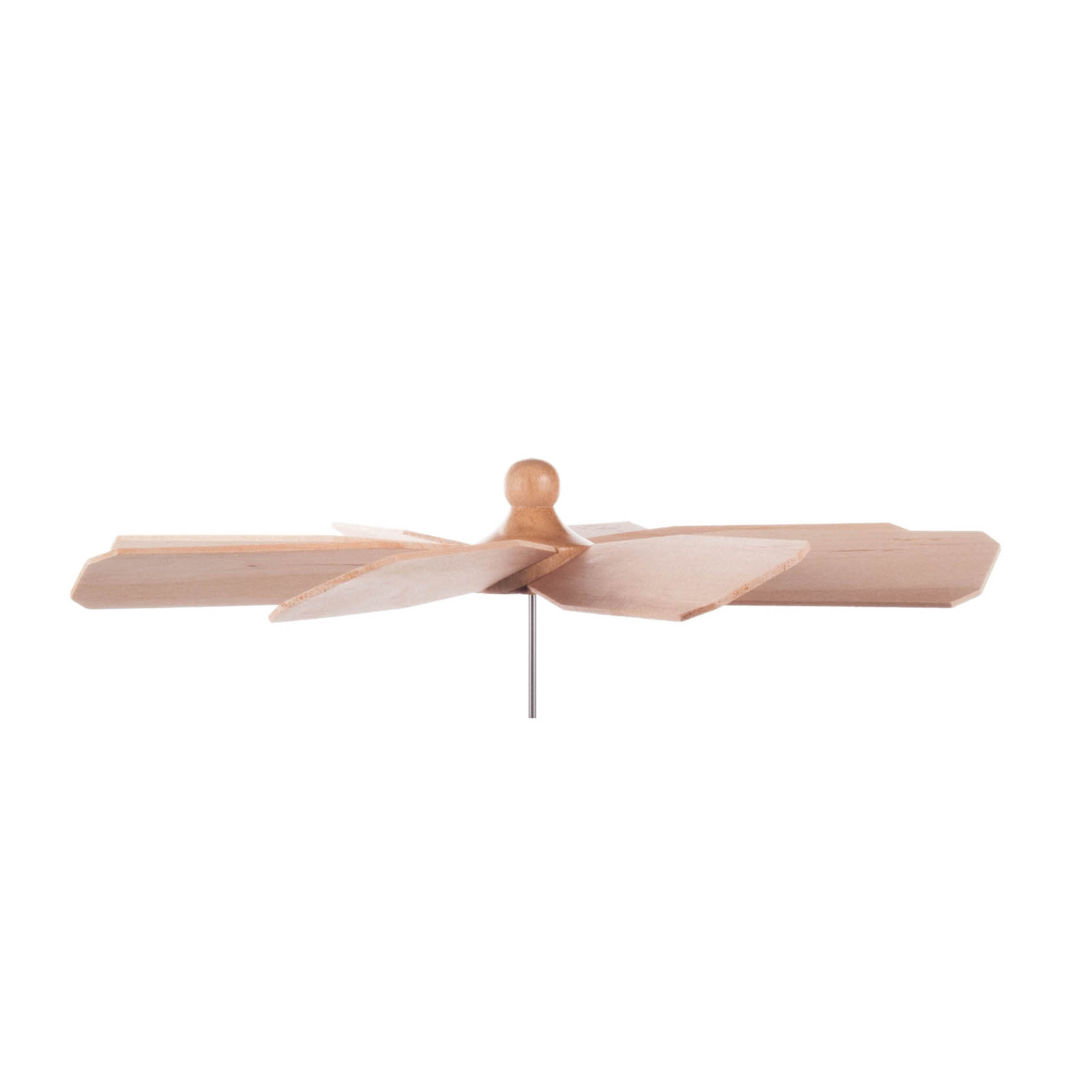 A wooden rotor with multiple flat blades extending from a central round hub, designed for toys or decorative purposes.
