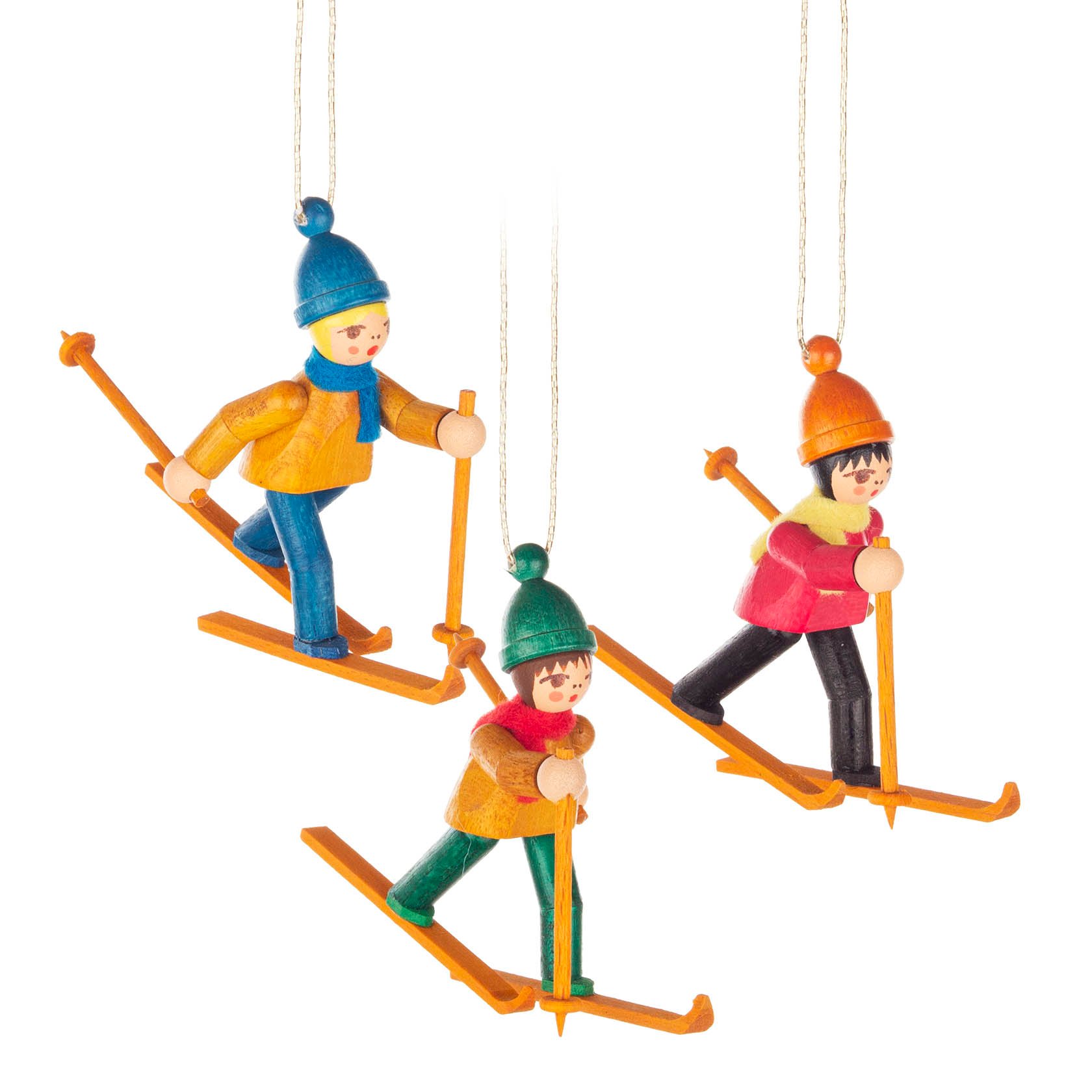 Three colorful wooden cross-country skier ornaments. Each skier wears a different colored outfit and hat with orange skis and poles. im Dregeno Online Shop günstig kaufen