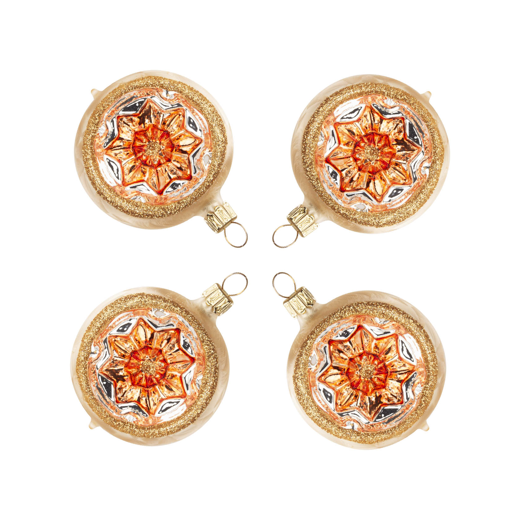 Vier Thüringer Christbaumschmuck Reflexkugeln in Eischampagner, je 6 cm groß, mit reflektierendem, farbigem Zentrum in Orange und Silber. im Dregeno Online Shop günstig kaufen