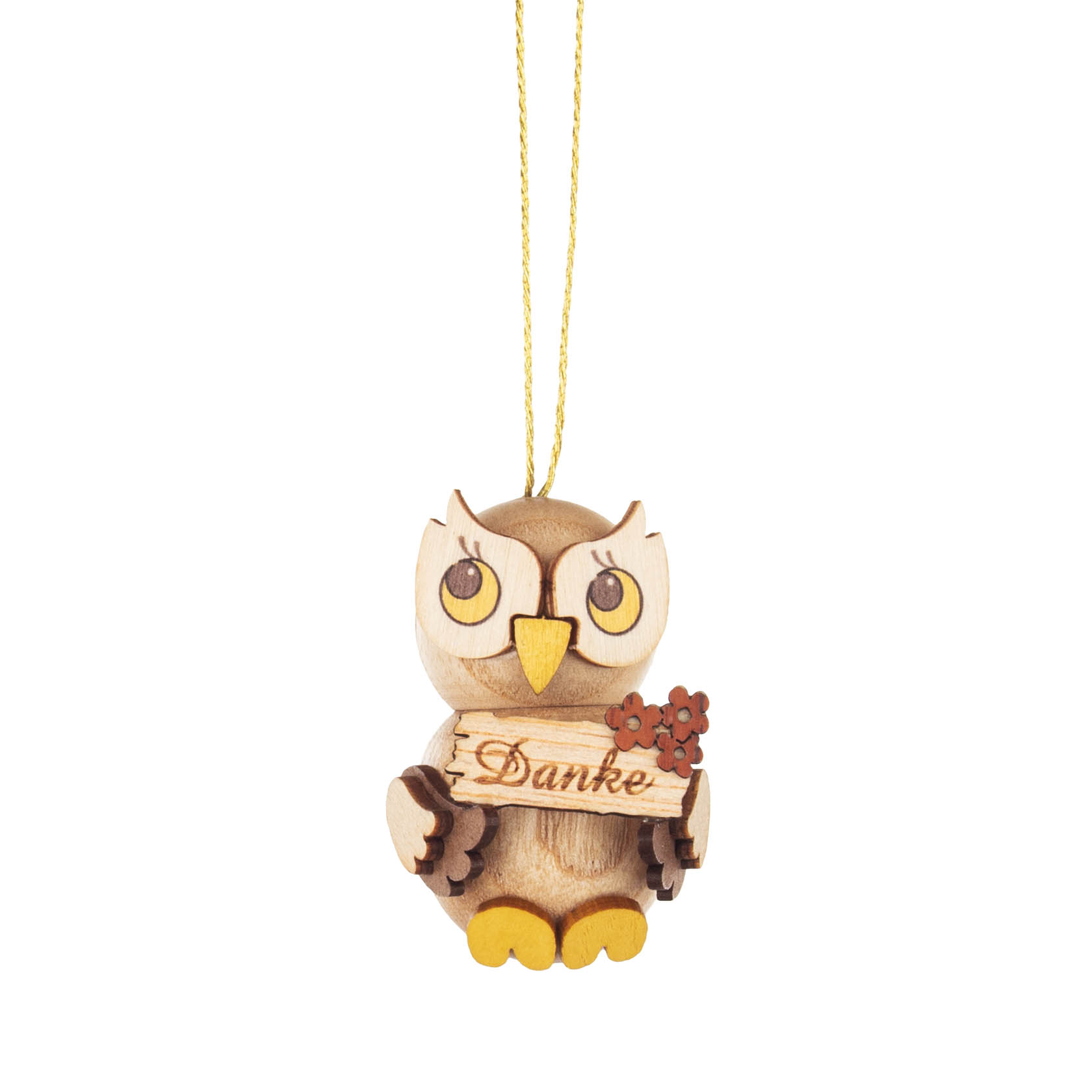 Holzeule mit Brille und gelbem Schnabel hält ein Schild mit der Aufschrift 'Danke' und eine rote Blume. Sie ist als Hänger gestaltet. im Dregeno Online Shop günstig kaufen