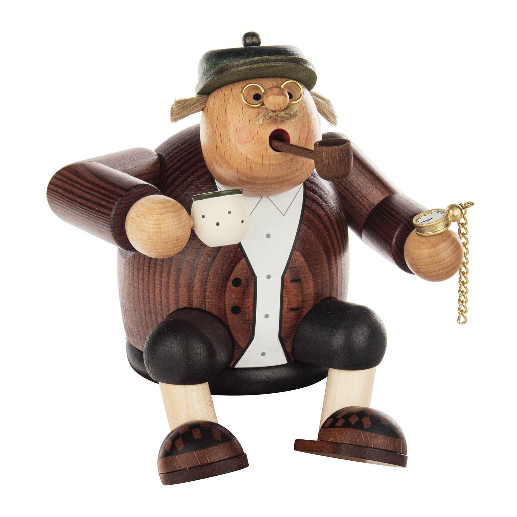 Holzfigur eines sitzenden älteren Mannes mit Pfeife, Kaffeetasse und Taschenuhr, trägt eine Brille, Mütze und Jacke, als Kantenhocker gestaltet. im Dregeno Online Shop günstig kaufen