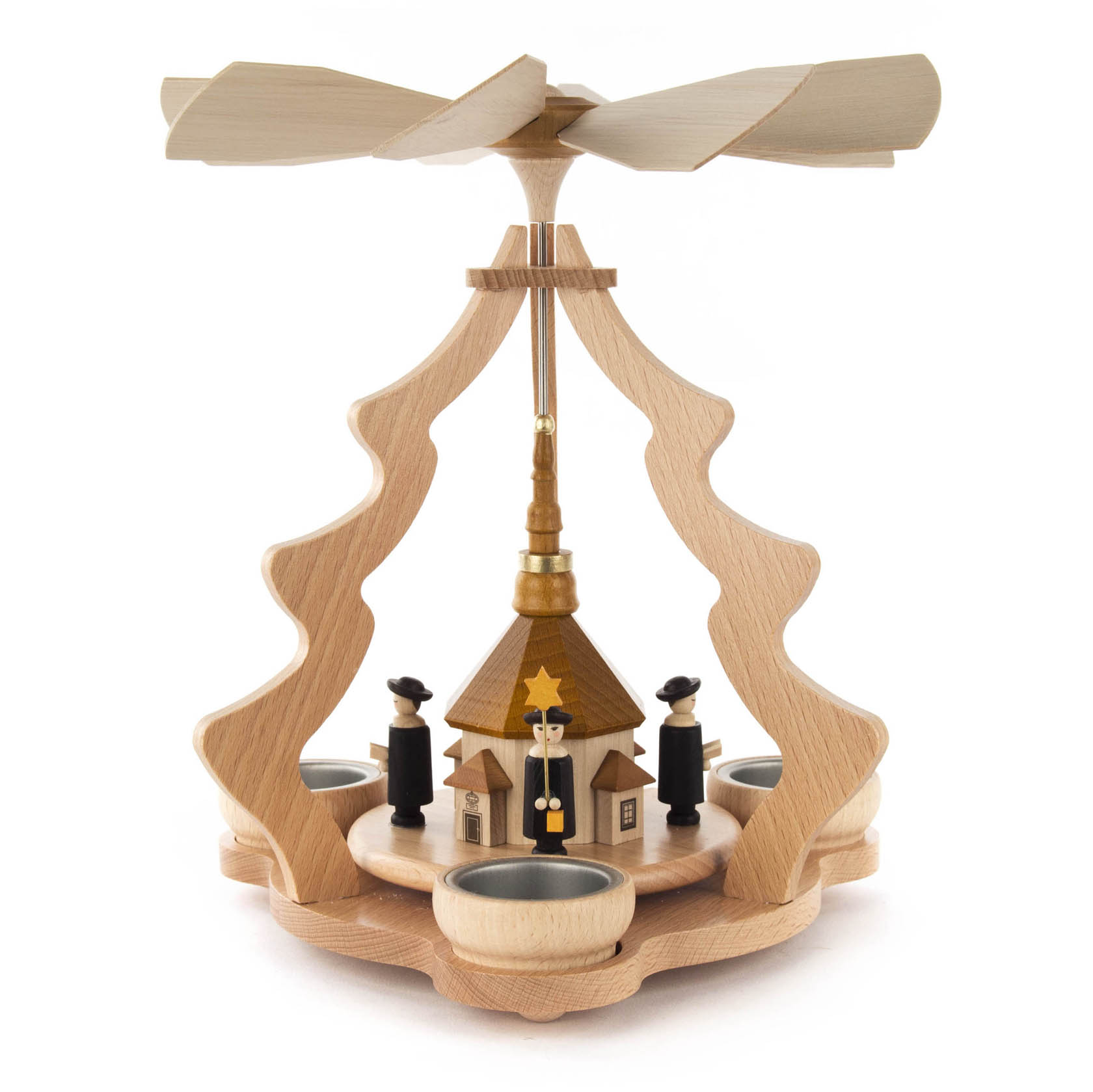 Holzpyramide mit der Seiffener Kirche im Zentrum, umringt von Kurrende-Sängerfiguren. Oben befinden sich große Flügel, die durch Teelichter betrieben werden. im Dregeno Online Shop günstig kaufen