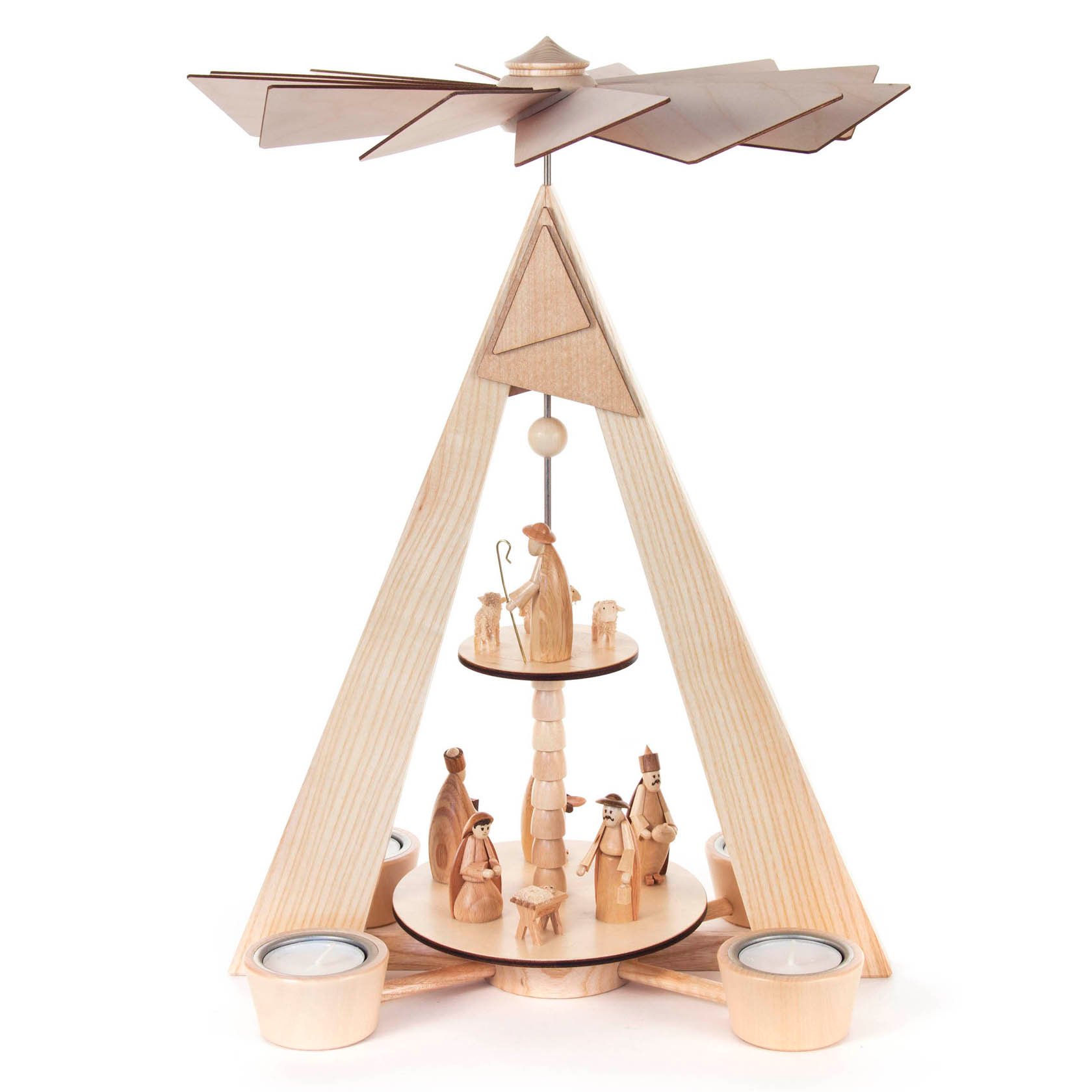 Two-tiered wooden pyramid depicting the Nativity scene with Mary, Joseph, baby Jesus, and the Three Wise Men, designed for tealight candles. im Dregeno Online Shop günstig kaufen