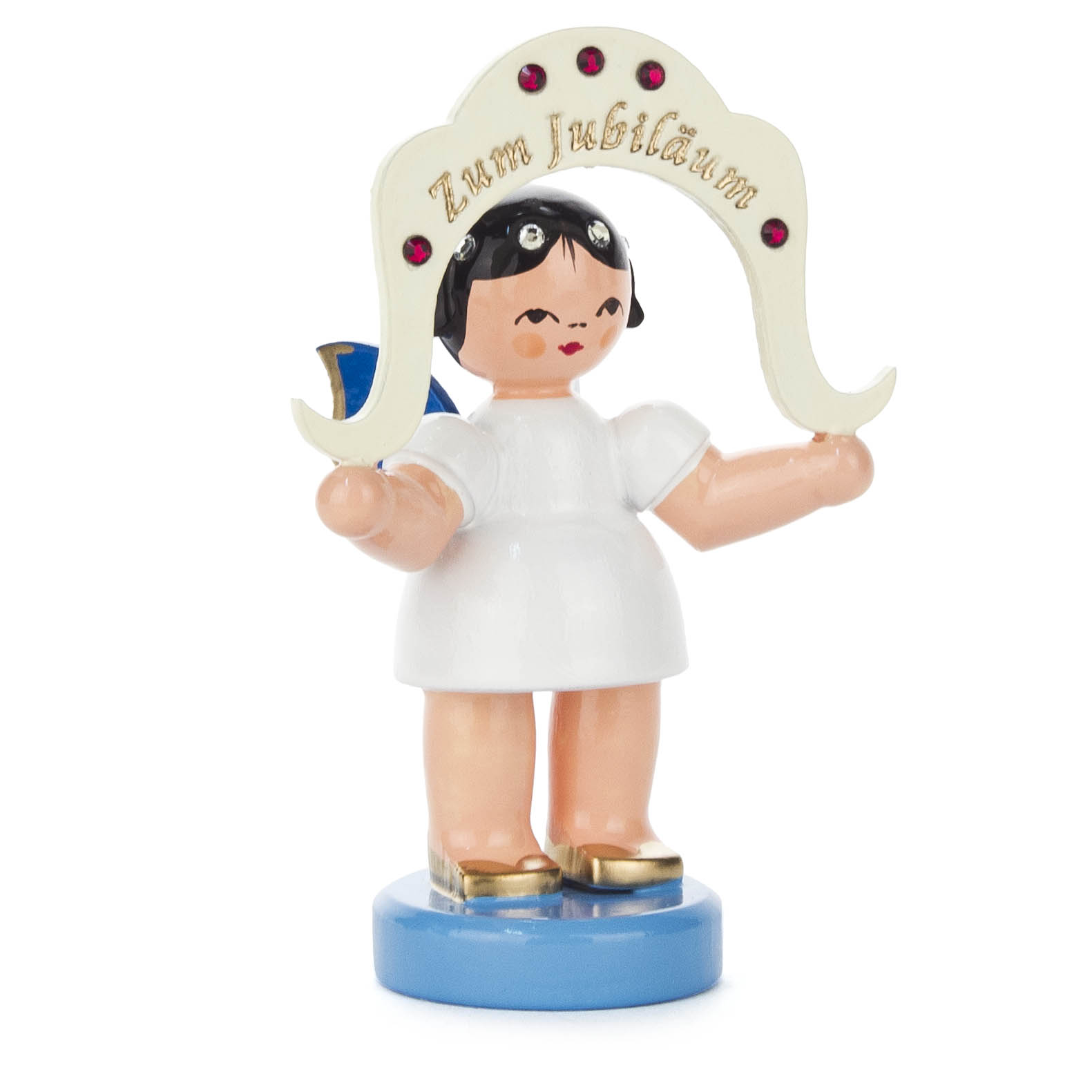 Engel mit Bogen "Zum Jubiläum" stehend, mit Swarovski-Kristallen, blaue Flügel im Dregeno Online Shop günstig kaufen