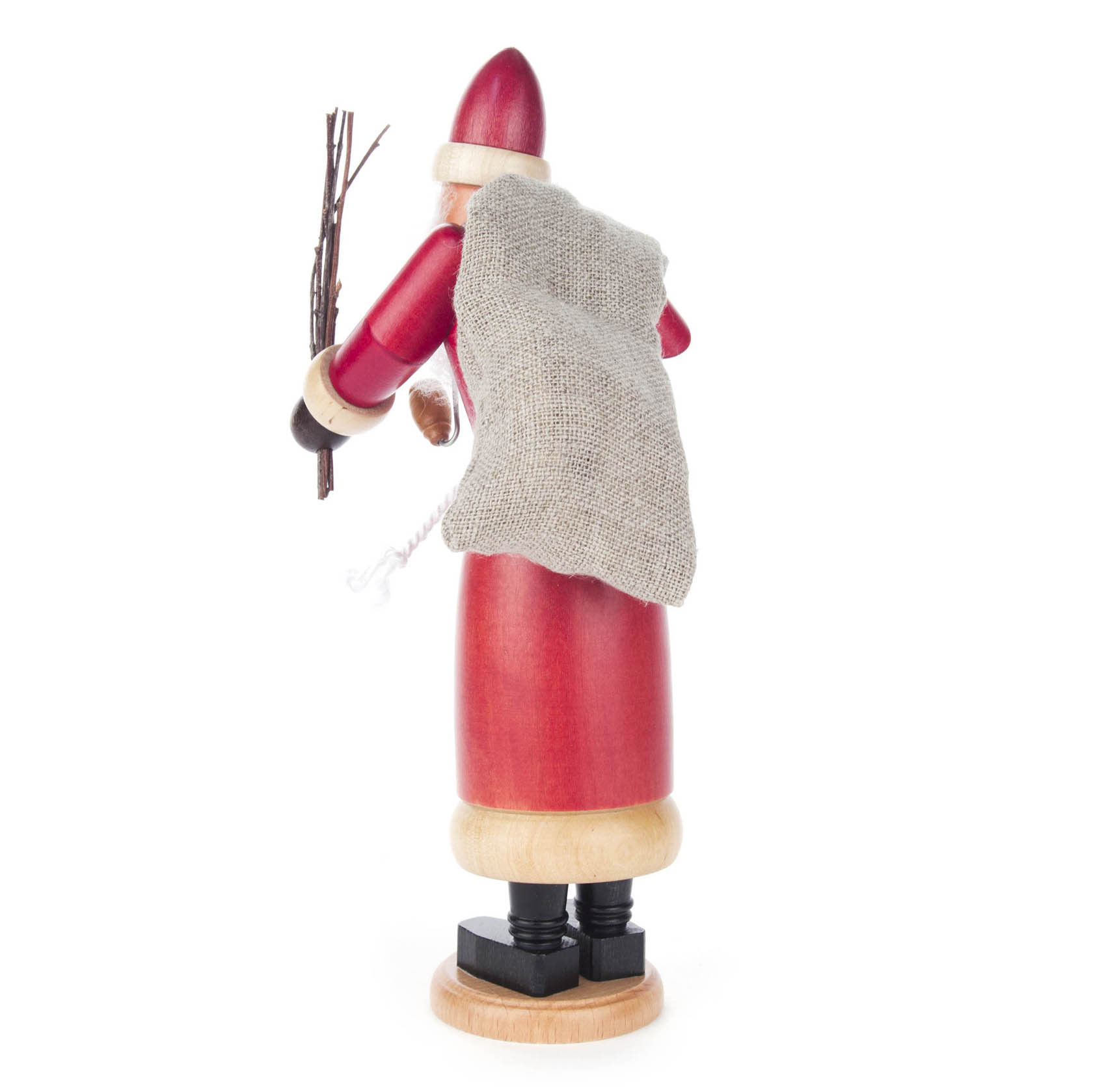 Räuchermann in Form eines Weihnachtsmannes, der eine Rute in der Hand hält und einen grauen Sack auf dem Rücken trägt. Er hat ein rotes Gewand und schwarze Stiefel.
