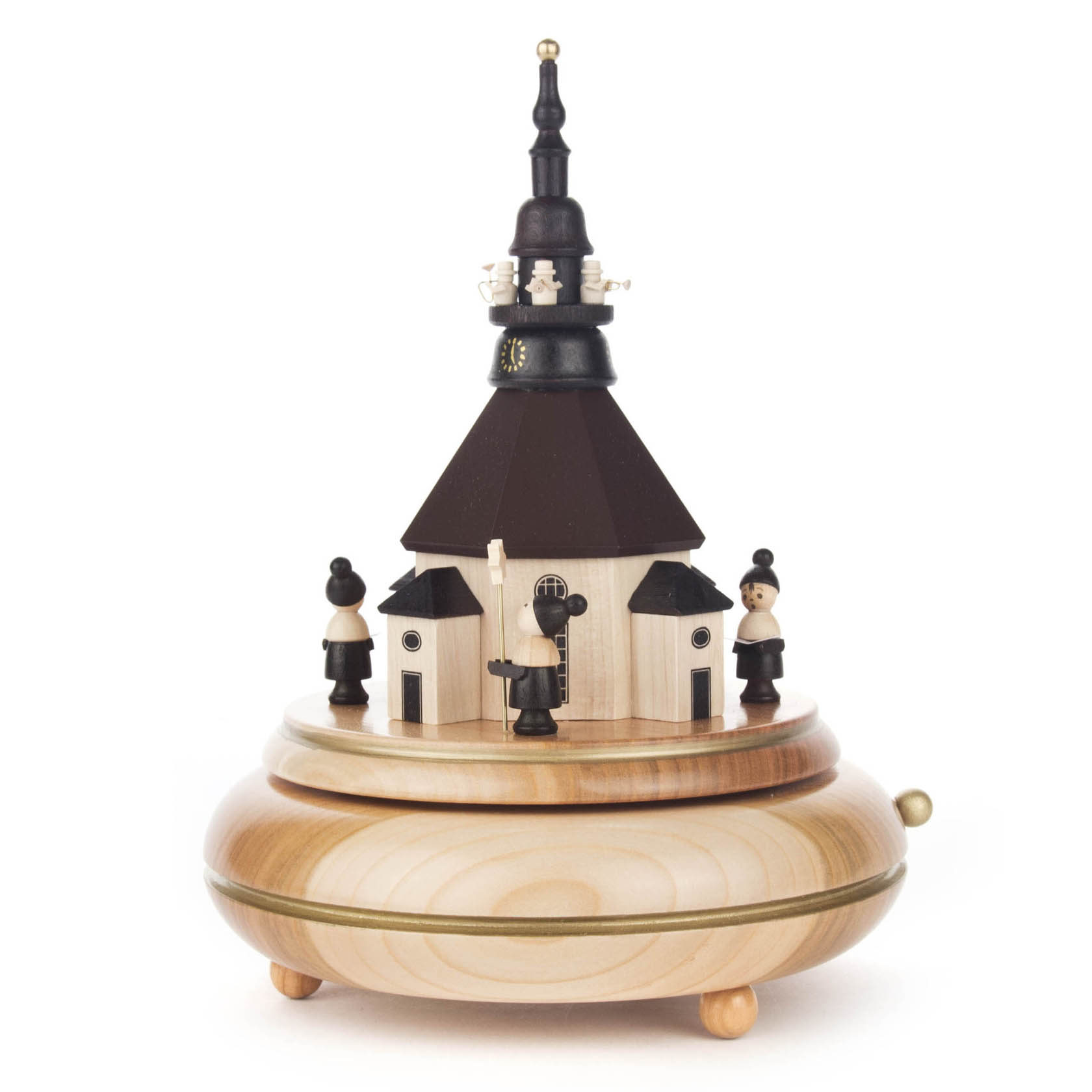 Spieldose mit einer Miniatur der Seiffener Kirche, umgeben von hölzernen Kurrendefiguren und Turmbläsern, die Melodie 'Süßer die Glocken' spielend. im Dregeno Online Shop günstig kaufen