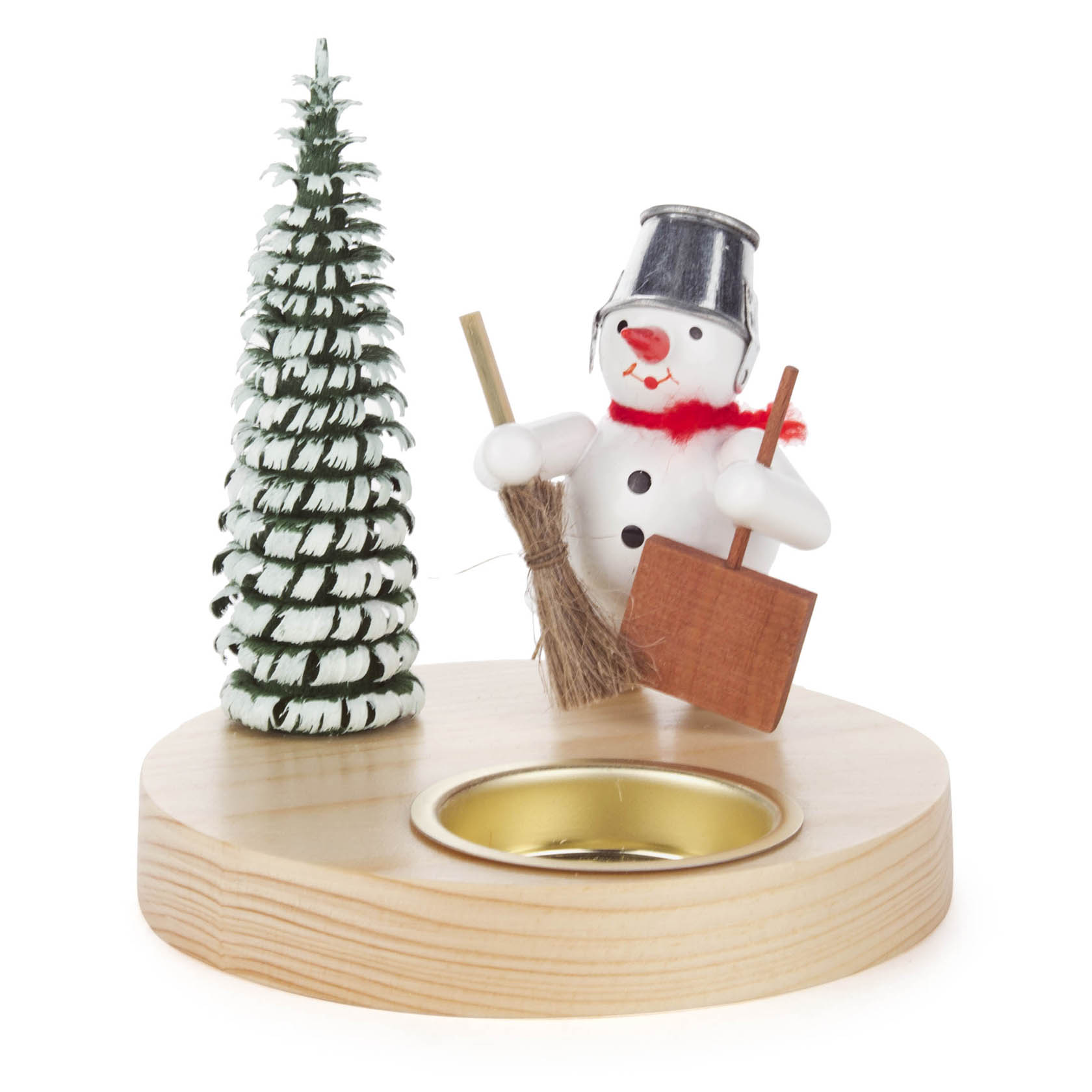Holzteelichthalter mit einem Schneemann, der eine Schippe und einen Besen hält, neben einem schneebedeckten Tannenbaum. im Dregeno Online Shop günstig kaufen
