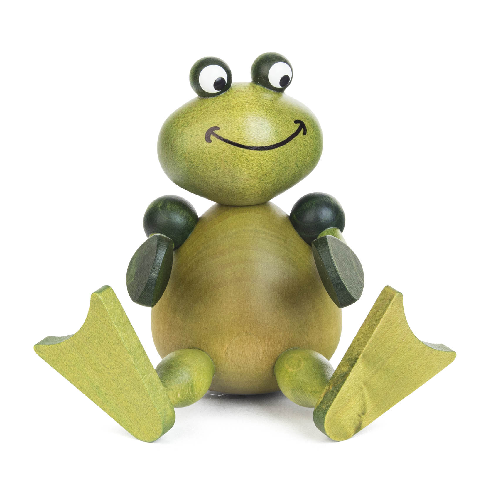 Holzfrosch mit großen Augen und einem Lächeln, sitzt mit leicht geöffneten Beinen.