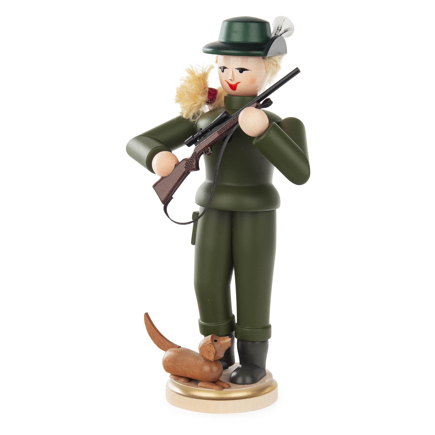 Figurine of a female hunter in green attire holding a rifle, with a dachshund at her feet, both serving as an incense smoker.