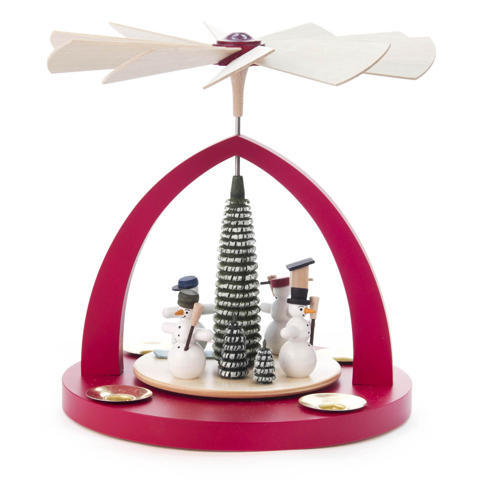 A red Christmas pyramid with a spinning top, featuring four small snowmen around a tree, designed to hold candles with a diameter of 14mm.