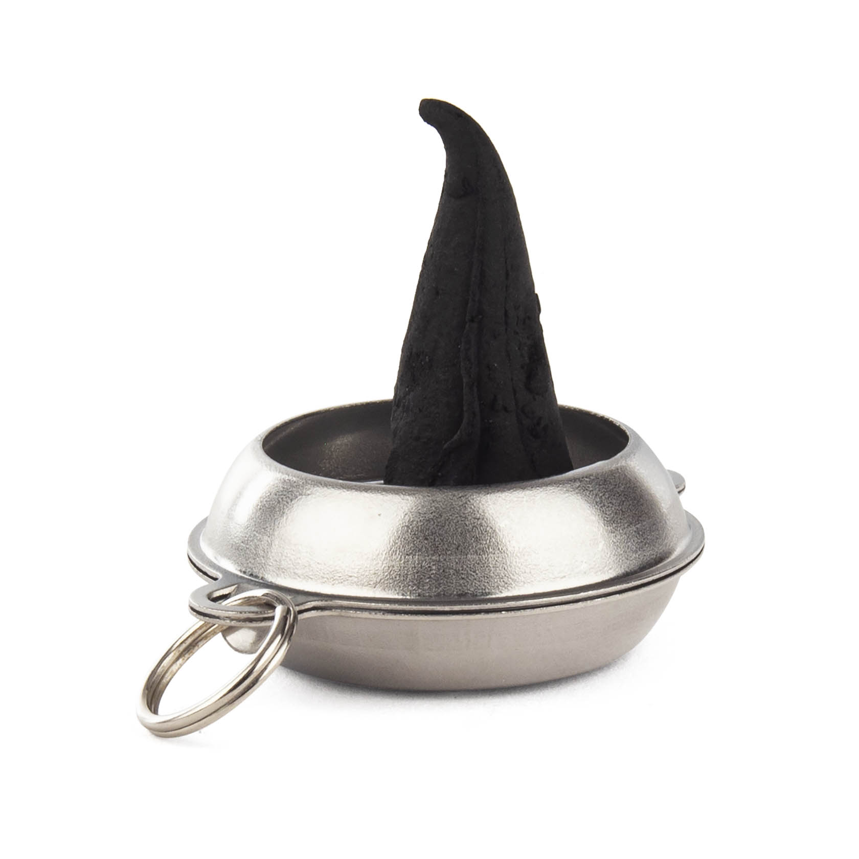 Small metal incense burner shaped like a witch's cauldron with a conical black incense coil inside.
