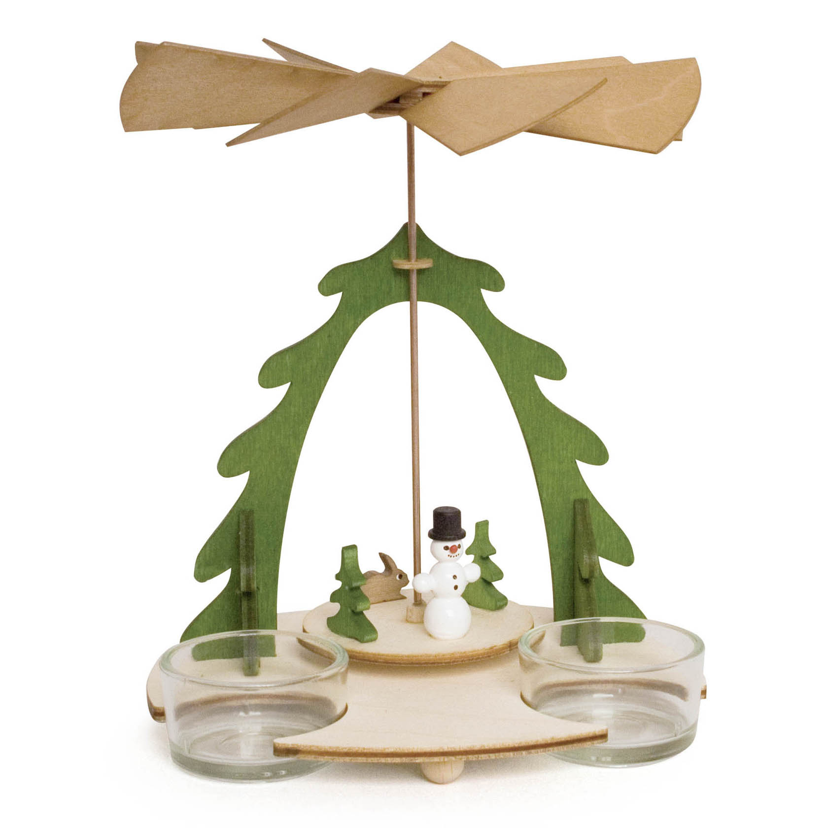 Wooden pyramid kit featuring a small snowman and trees, with a spinning propeller on top and two glass candle holders on the base.
