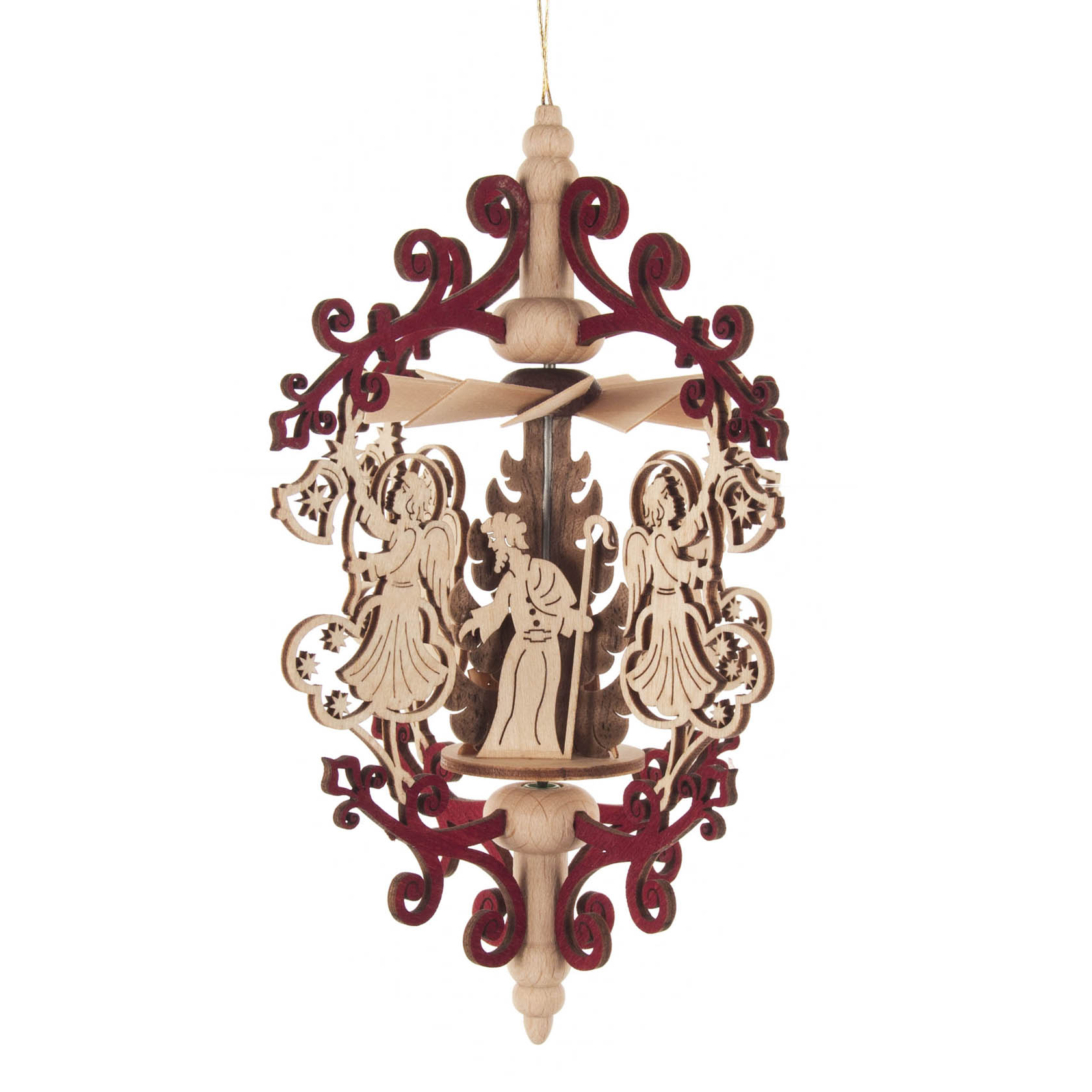 Holzgeschnitztes Wärmespiel mit Engel und der Szene Christi Geburt, umgeben von roten Ornamenten, zum Aufhängen an goldener Schnur. im Dregeno Online Shop günstig kaufen