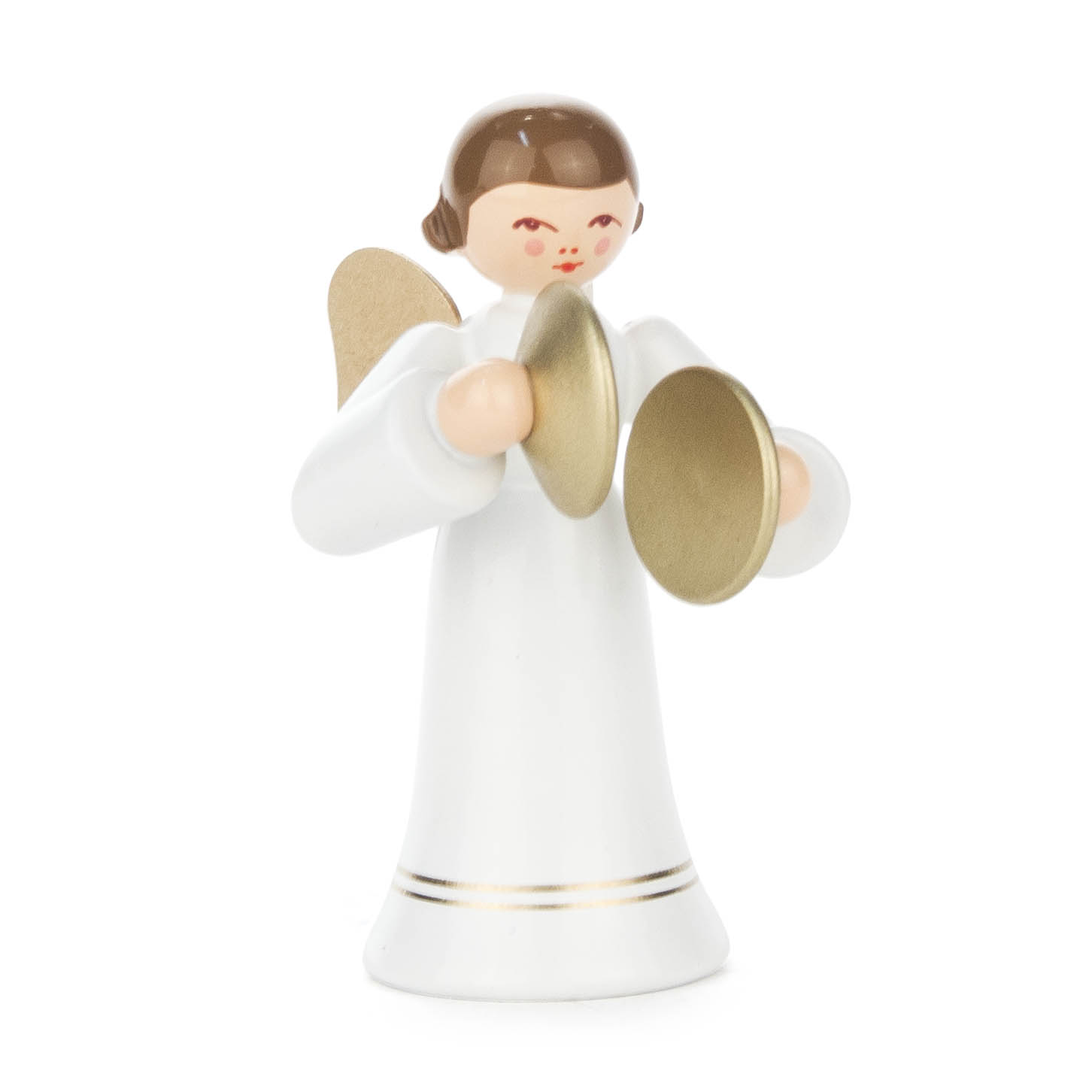 Holzengel-Figur mit braunen Haaren und goldenem Heiligenschein, hält zwei goldene Becken. Der Engel trägt ein weißes Gewand. im Dregeno Online Shop günstig kaufen