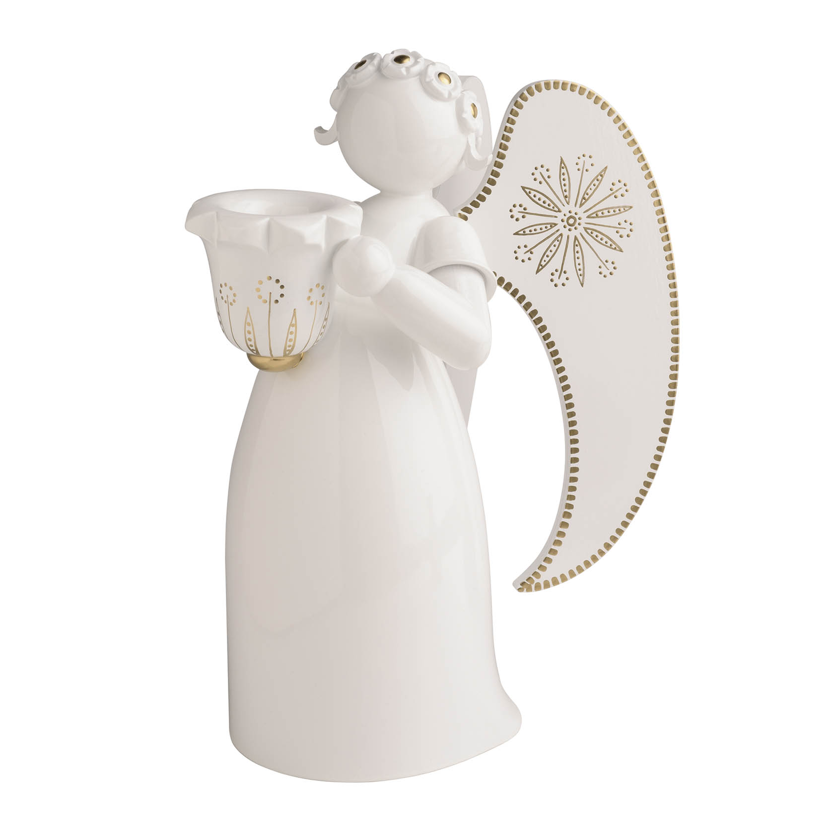 Weiß-goldener Engel hält einen Lichtnapf. Der Engel hat stilisierte Flügel mit goldenen Verzierungen und trägt ein schlichtes, fließendes Gewand. im Dregeno Online Shop günstig kaufen