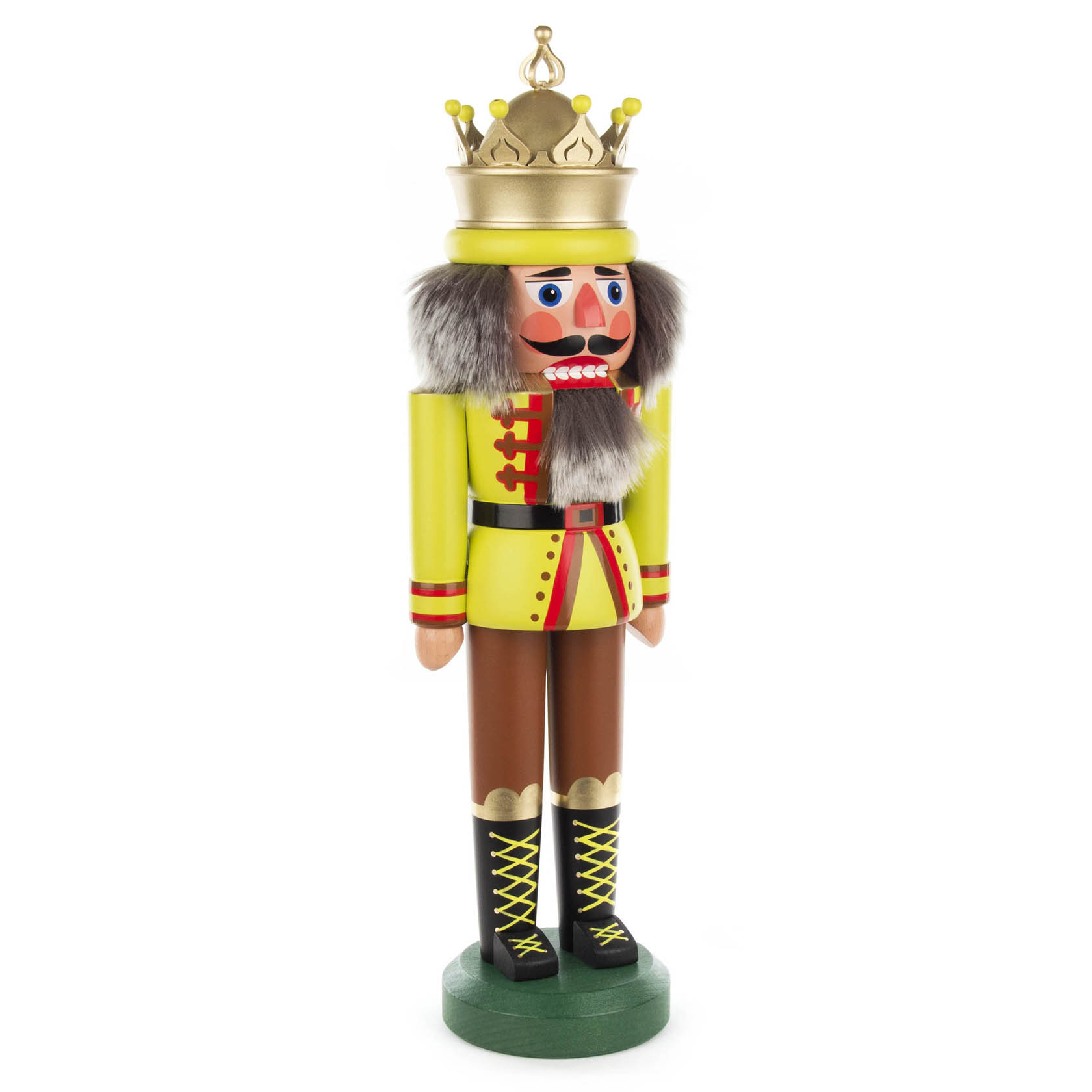 Ein 43 cm großer Nussknacker in Form eines Königs, mit gelb-grüner, matter Uniform, rot-braunem Bart und großer goldfarbener Krone.