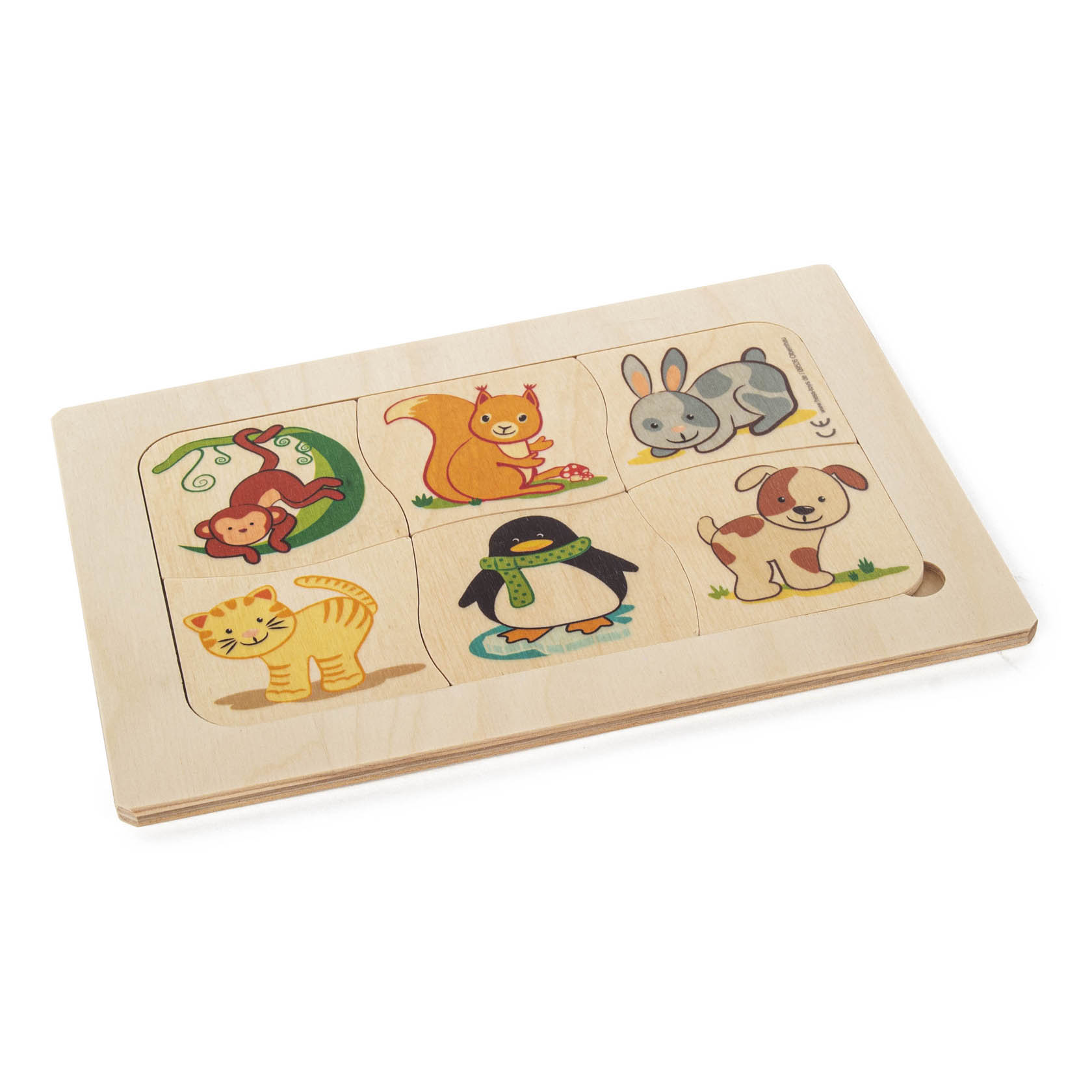 A wooden puzzle with images of animals and their corresponding food, including a monkey with a banana, squirrel with acorn, rabbit with carrot, cat with fish. im Dregeno Online Shop günstig kaufen