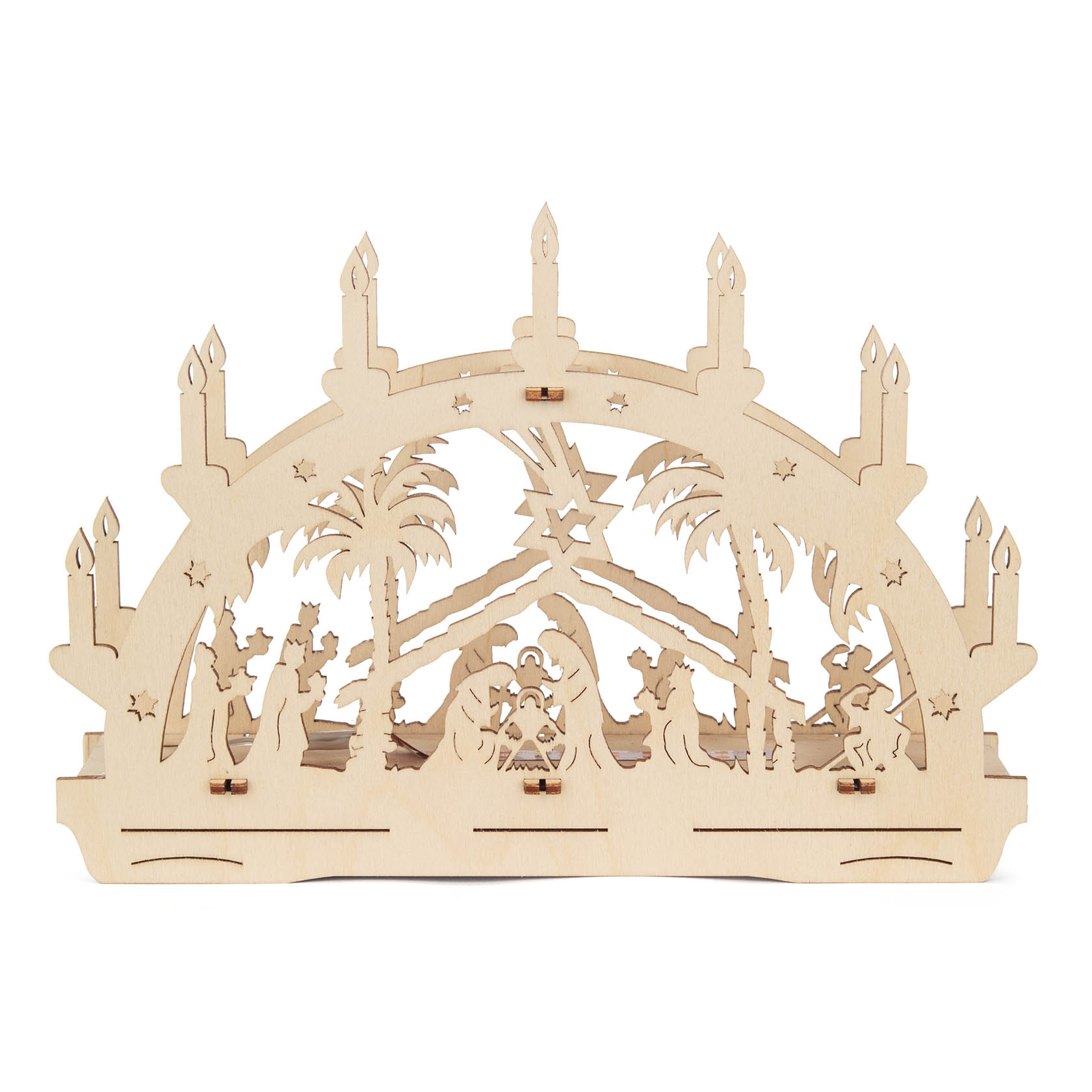 Wooden arch with LED lights depicting a Nativity scene, featuring Mary, Joseph, and baby Jesus surrounded by palm trees and the Three Wise Men. im Dregeno Online Shop günstig kaufen
