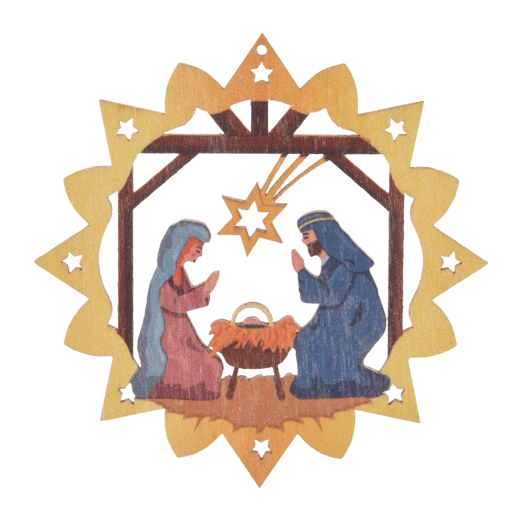 Holzornament mit Krippenszene: Maria und Josef knien vor der Krippe mit Jesuskind unter einem Sternenbogen. im Dregeno Online Shop günstig kaufen