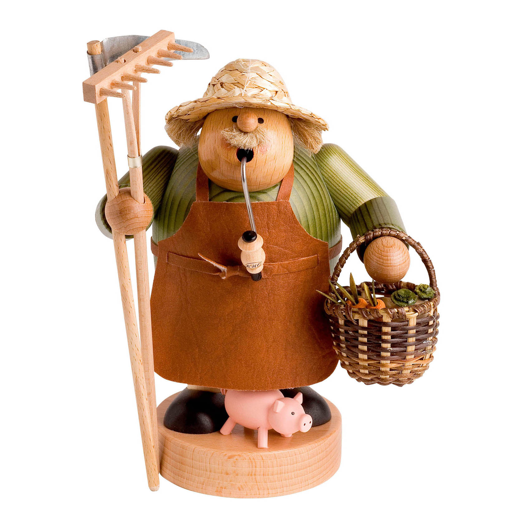 Wooden incense smoker figure of a farmer with a straw hat, holding a rake and a basket of vegetables, a small pig at his feet. im Dregeno Online Shop günstig kaufen