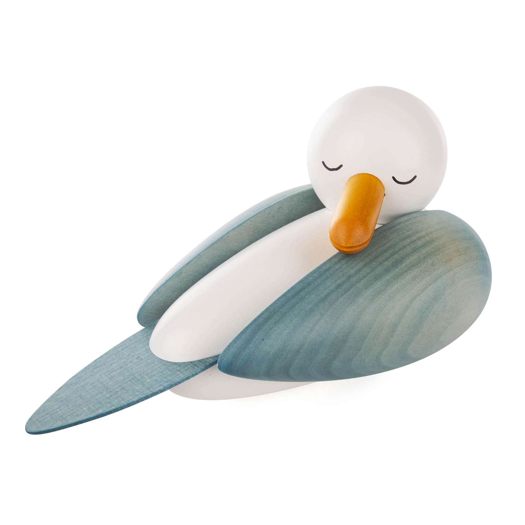 A large blue sleeping seagull with its eyes closed and orange beak.