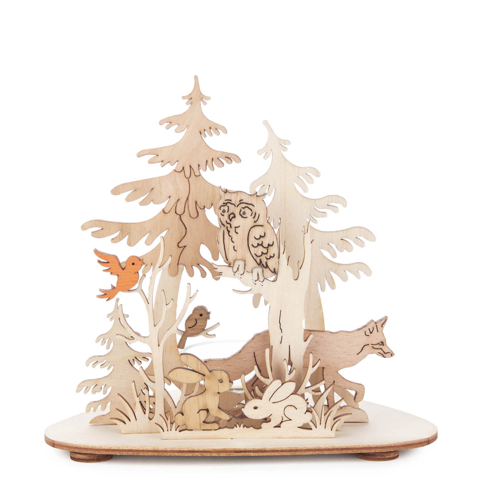 Ein Teelichthalter aus Holz mit Waldtieren: Eule, Fuchs, zwei Hasen und zwei Vögel, umgeben von Bäumen. im Dregeno Online Shop günstig kaufen
