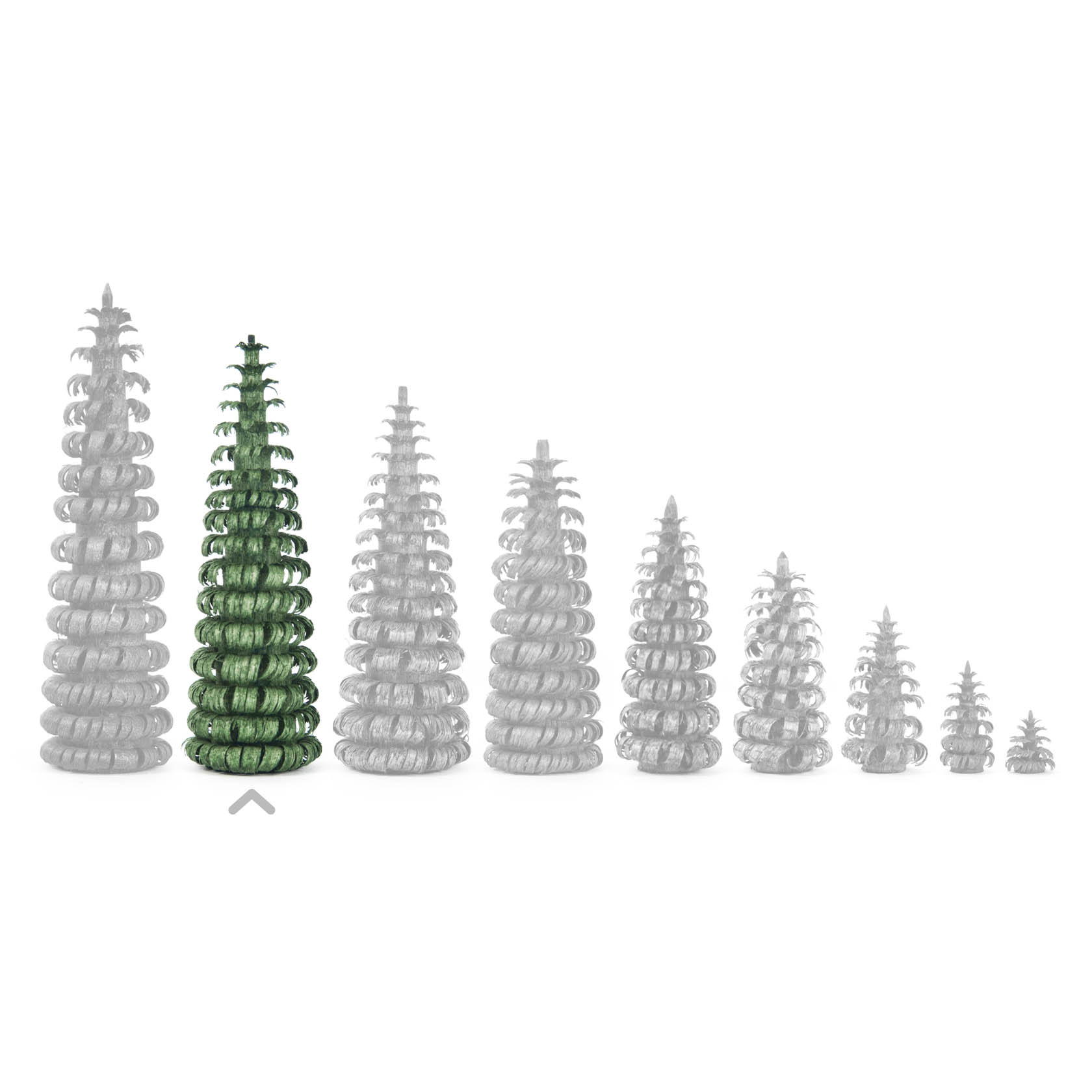 A series of spiral-shaped trees in descending size order, with the 8cm tall tree prominently displayed in green among the silver trees.