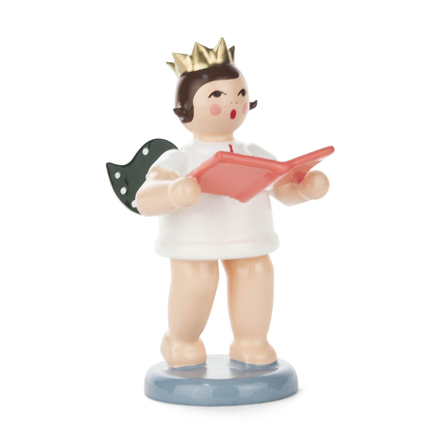 A small figurine of a cherubic angel wearing a gold crown and white robe, holding an open red book, and standing on a blue base. im Dregeno Online Shop günstig kaufen