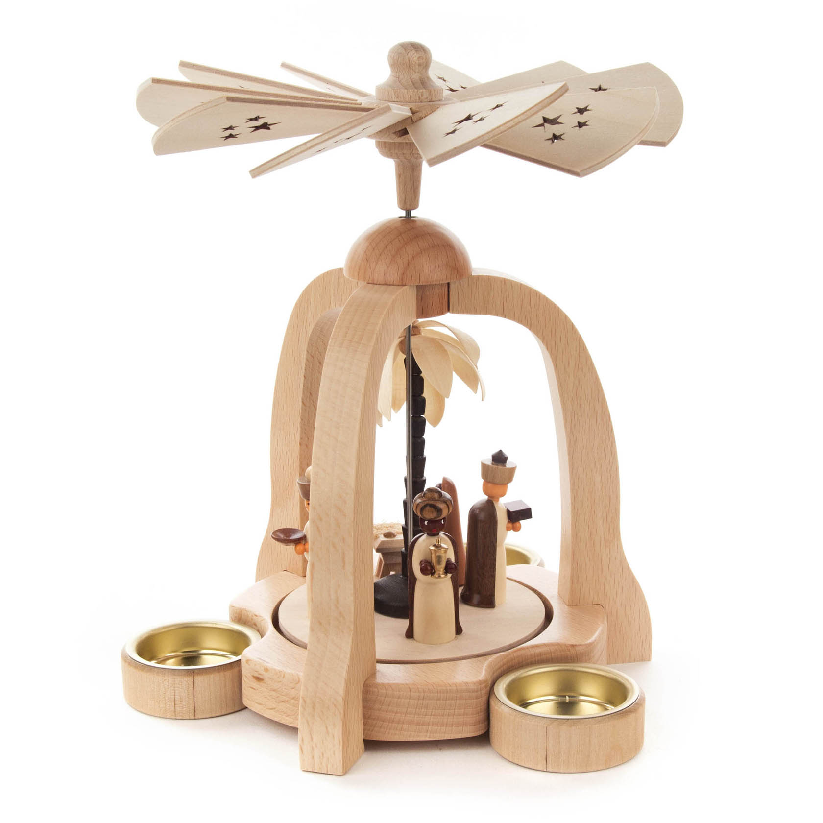A small natural wood Christmas pyramid featuring a nativity scene with candle holders for tea lights, and a fan above for heat rotation.