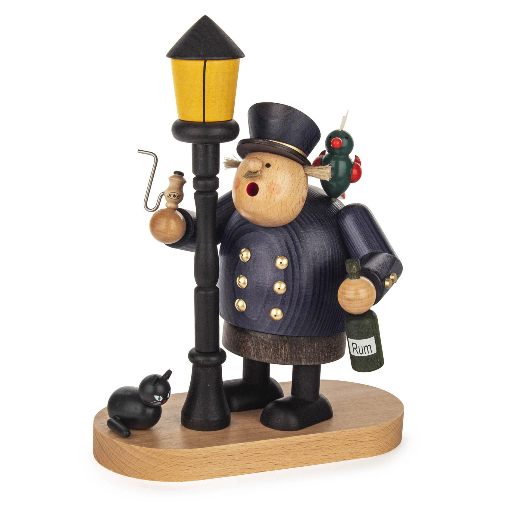 Wooden smoking figure of a drunken captain with a blue coat, standing next to a street lamp, holding a bottle labeled 'Rum', and a pipe.
