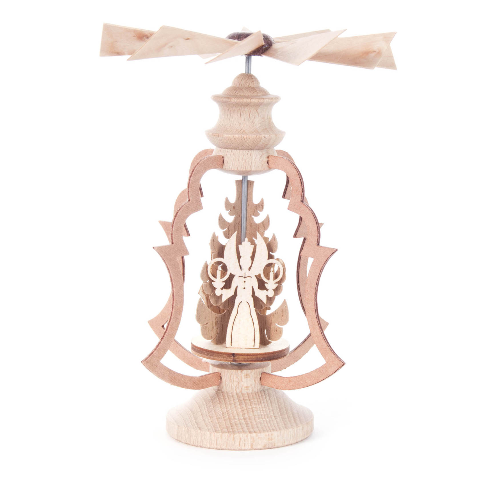 Ein traditionelles Wärmespiel aus Holz zeigt einen Engel, Bergmann und ein Reiterlein. Oben ist ein drehbarer Propeller aus Holzflügeln.