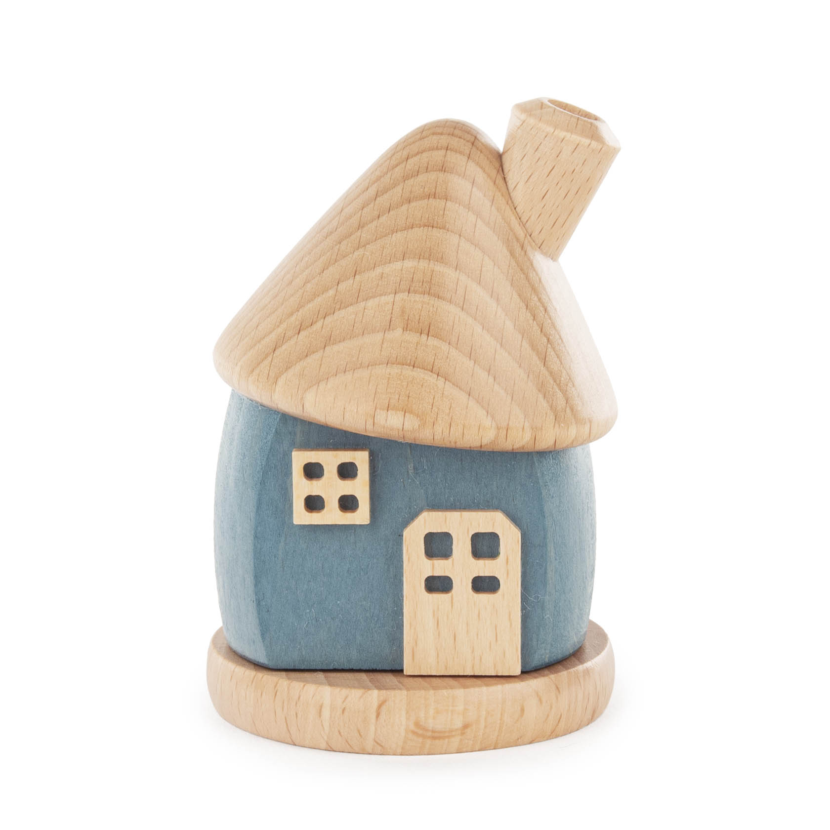 A small blue incense smoker house with a wooden roof and chimney. im Dregeno Online Shop günstig kaufen
