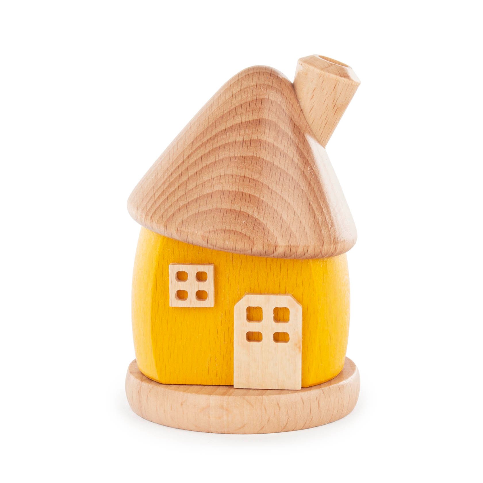A small, yellow wooden incense house with a slanted roof, circular base, and a chimney, designed for burning incense cones. im Dregeno Online Shop günstig kaufen