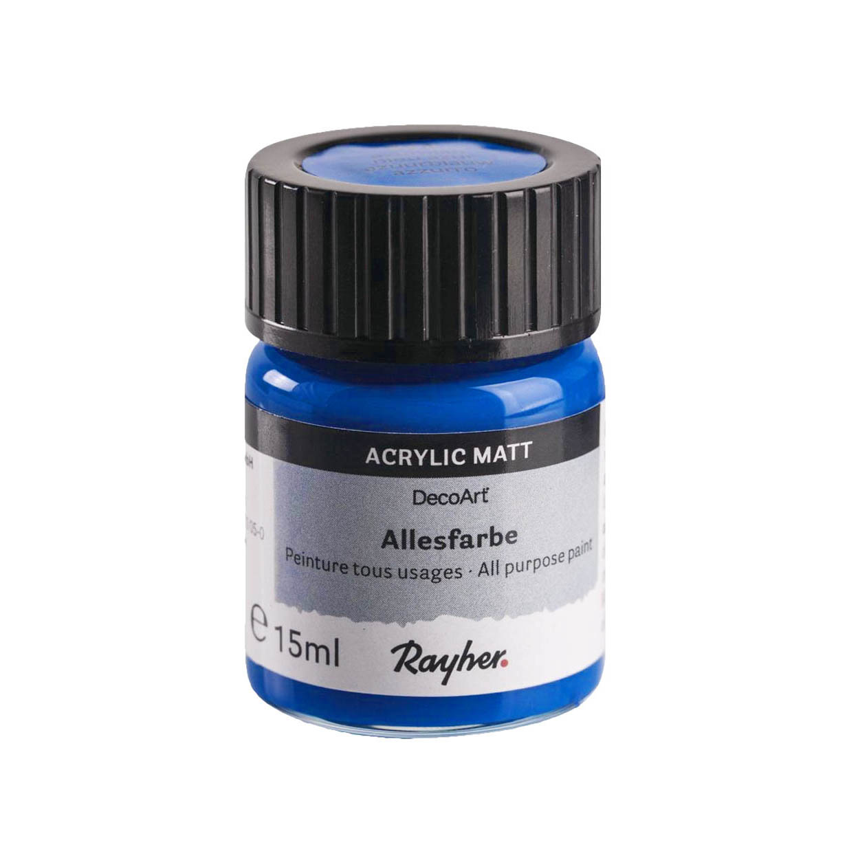 Ein 15 ml Behälter von Rayher Acrylfarbe in Ultrablau, etikettiert als 'Allesfarbe', mit Schraubverschluss.