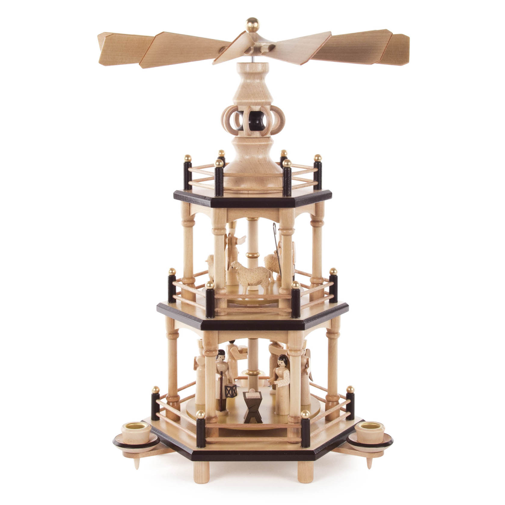 Zweistöckige Weihnachtspyramide aus Holz mit Szenen der Geburt Christi, angetrieben durch Kerzenwärme, mit einem Propeller an der Spitze. im Dregeno Online Shop günstig kaufen