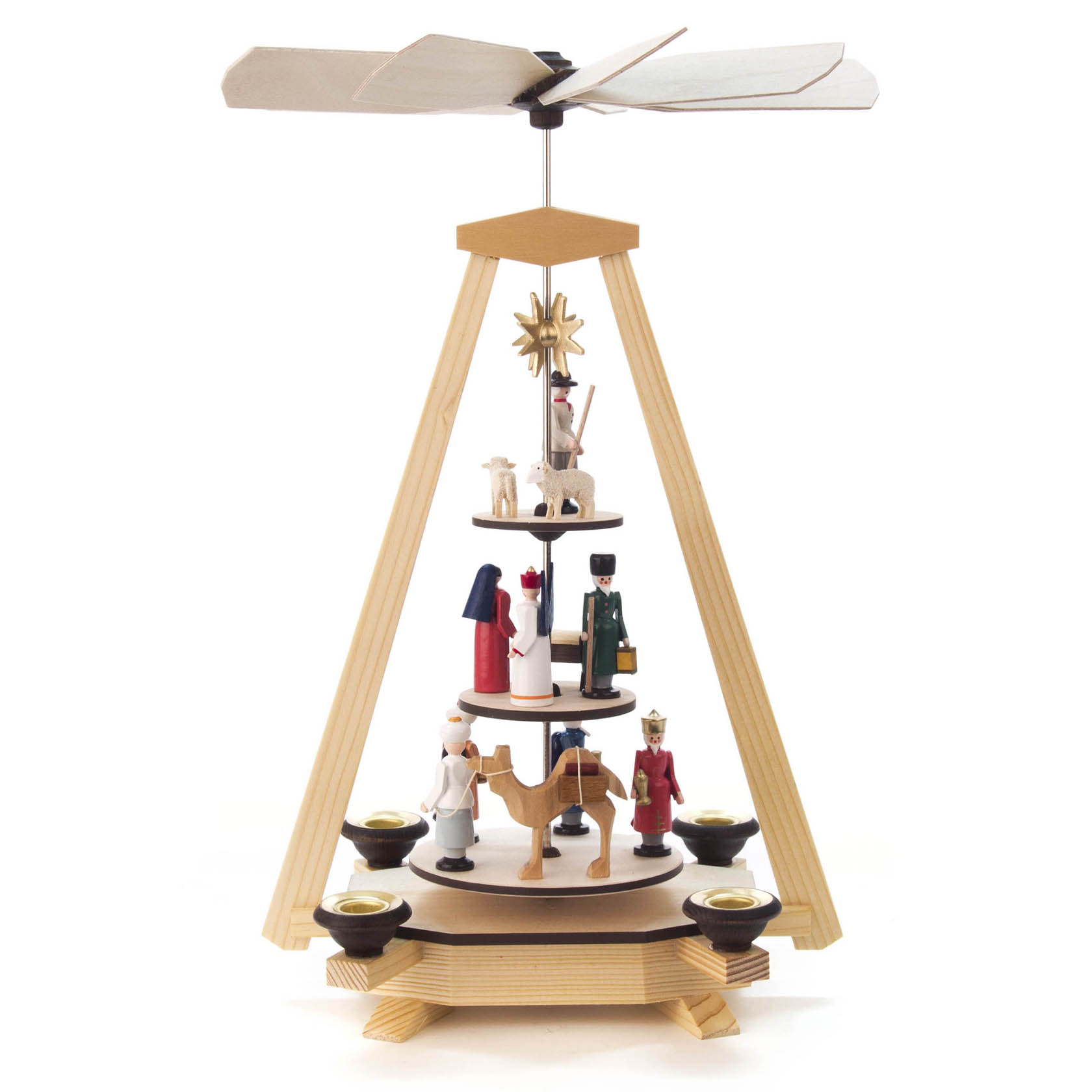 Three-tiered, colorful wooden pyramid featuring Nativity scene with Mary, Joseph, Jesus, shepherd, kings, and animals, designed for candles with a 14mm diameter.