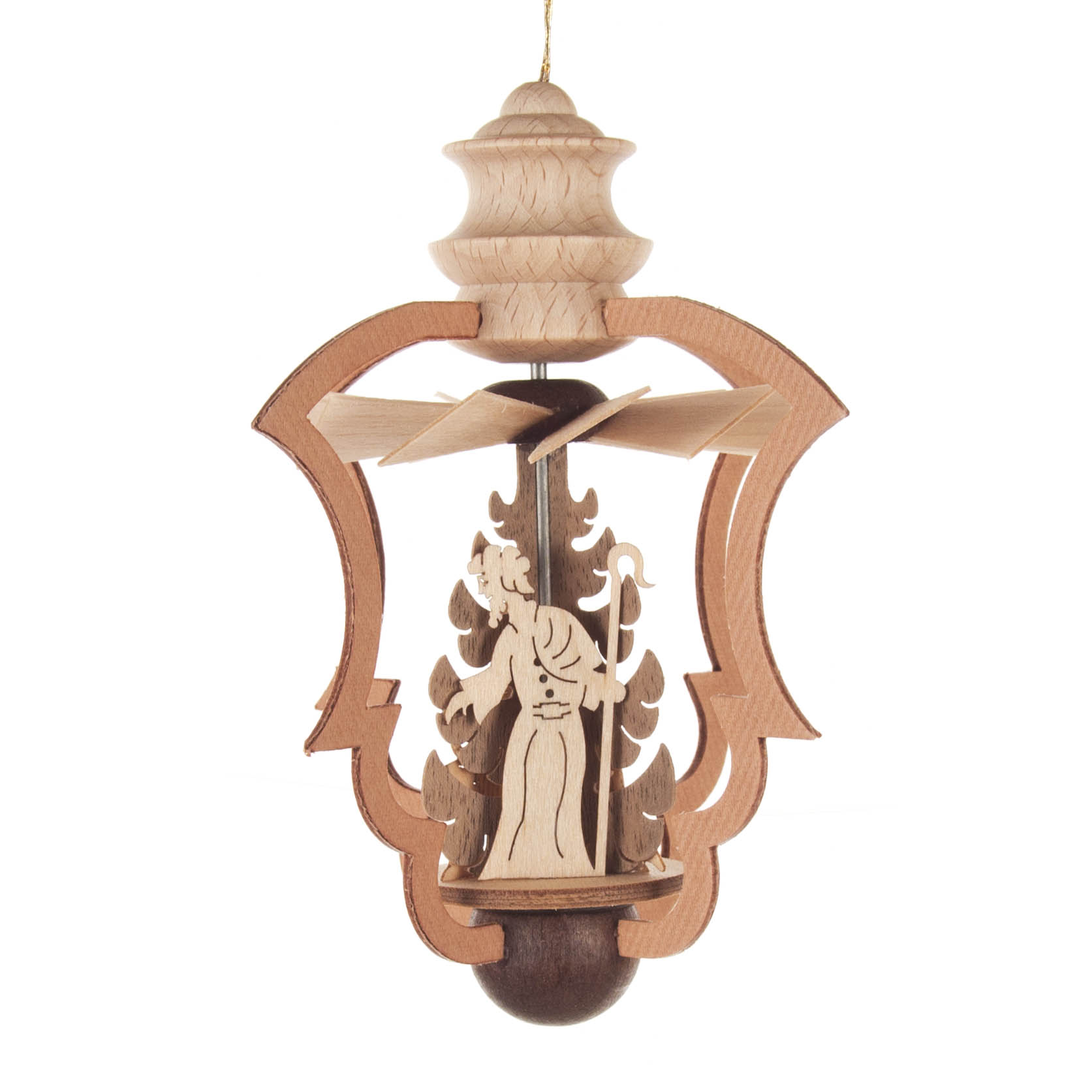 Wooden hanging ornament depicting the Nativity scene with Mary, Joseph, and Baby Jesus. A heat-powered fan spins above, set within an ornate frame.
