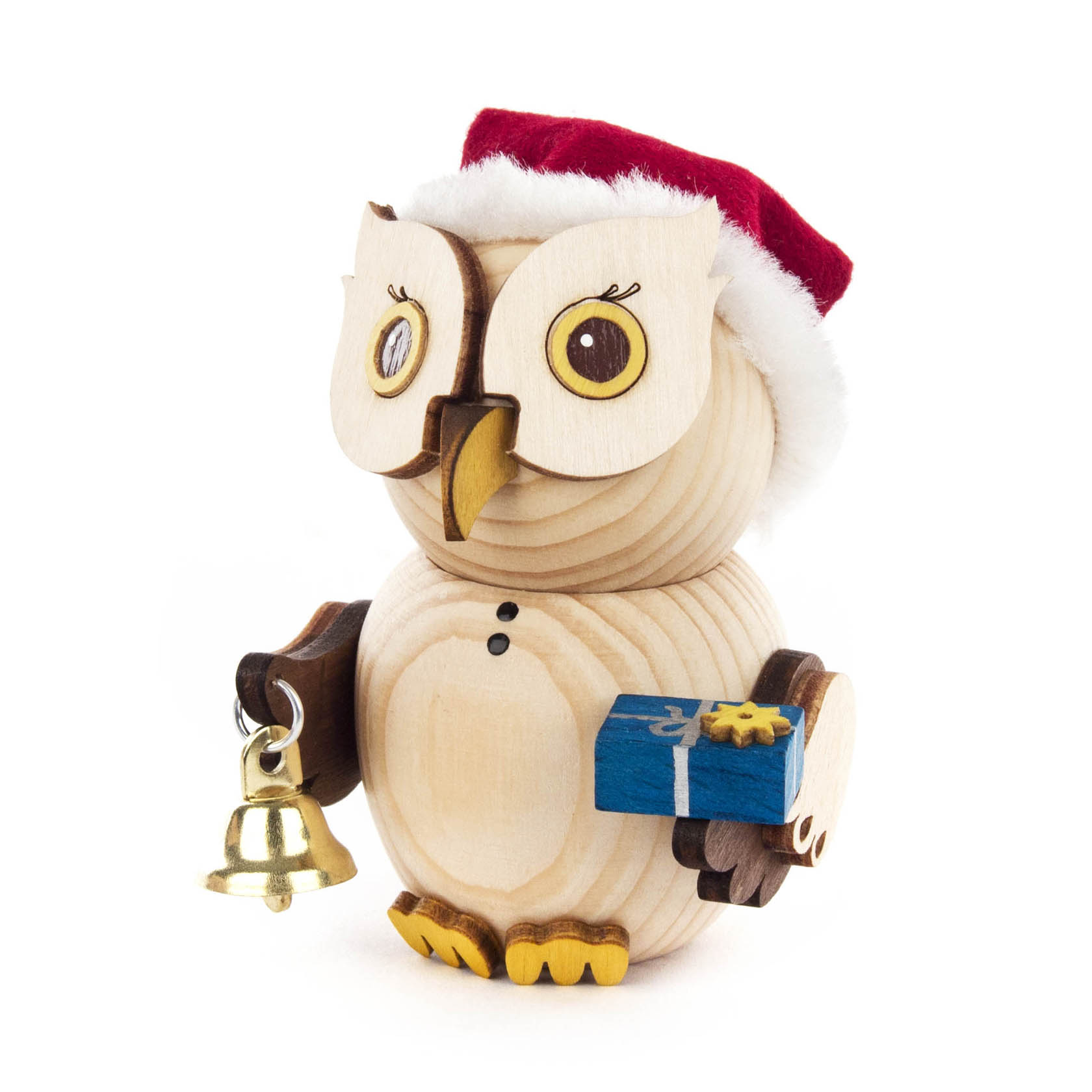A small wooden owl figurine wearing a Santa hat, holding a bell in one wing and a blue gift box in the other wing. im Dregeno Online Shop günstig kaufen
