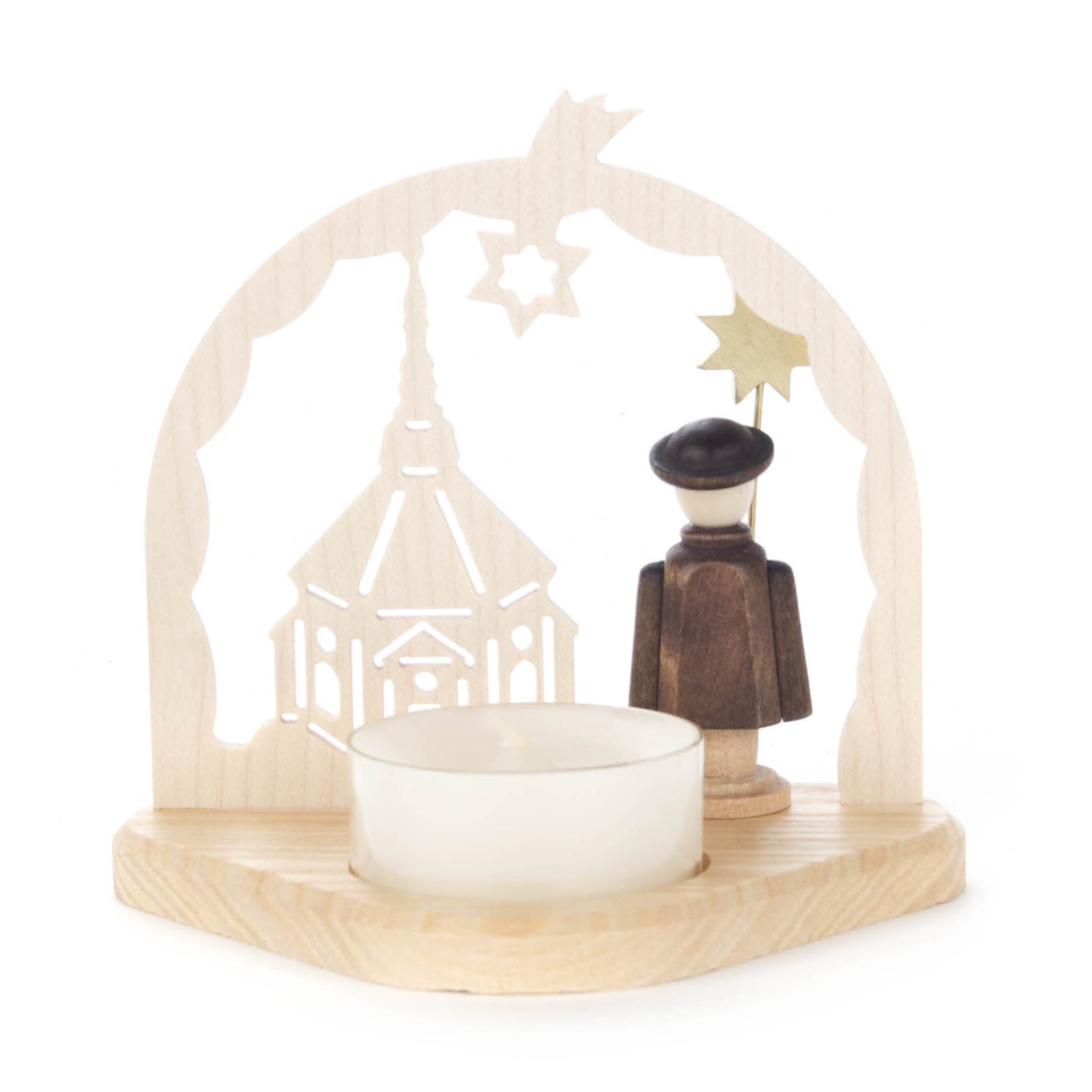 Teelichthalter mit Kurrendefigur und Seiffener Kirche