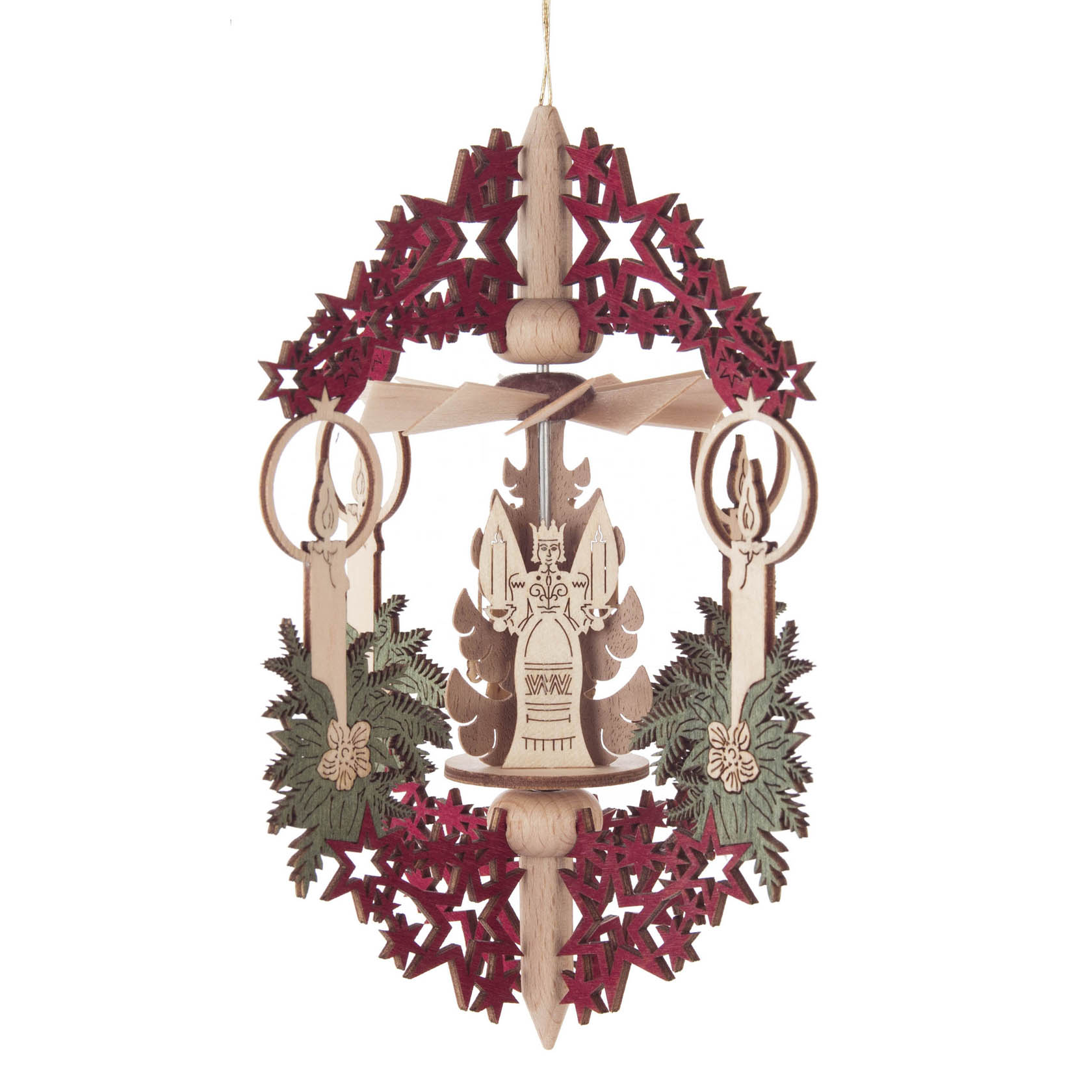 Ein hängendes Wärmespiel aus Holz in Form eines Adventskranzes mit roten Sternen, einem Engel im Zentrum und zwei hängenden Figuren an den Seiten. im Dregeno Online Shop günstig kaufen