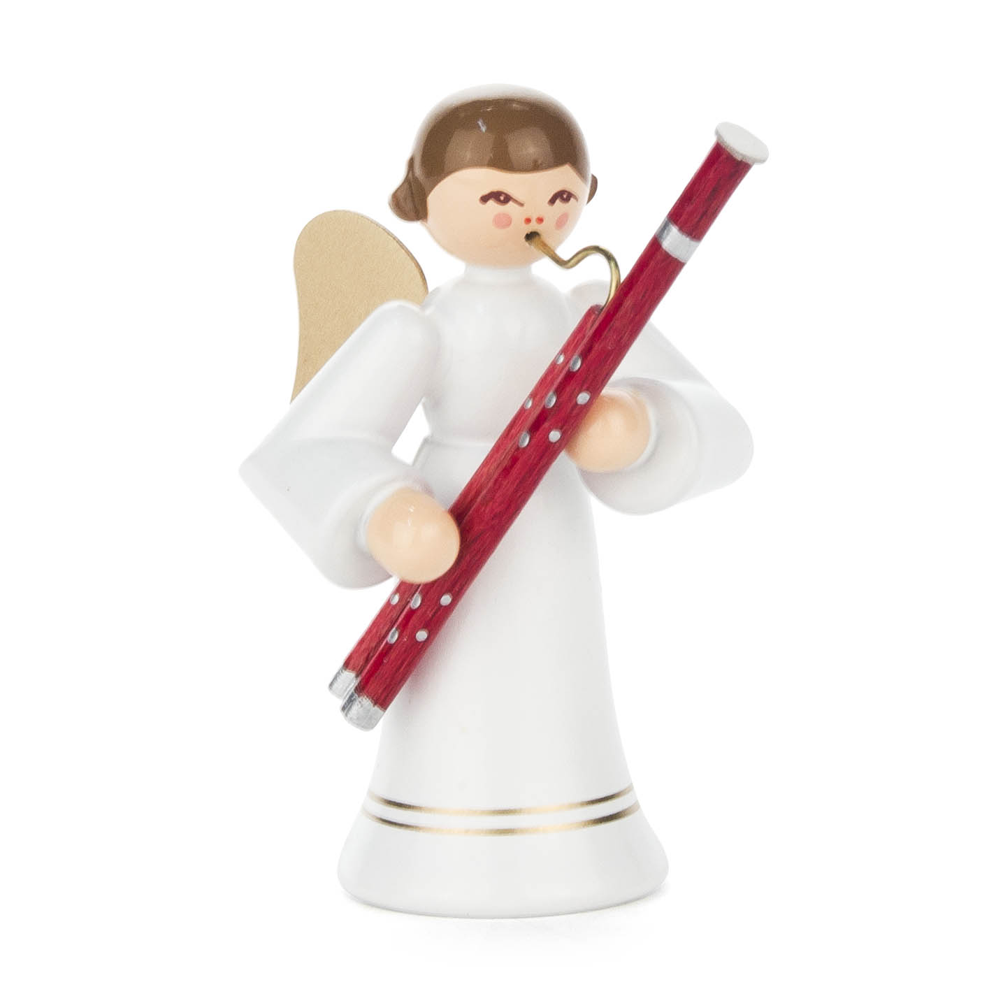 Ein Engel mit weißen Flügeln, spielt ein rotes Fagott und trägt ein langes, weißes Gewand. Der Engel hat kurzes, braunes Haar. im Dregeno Online Shop günstig kaufen