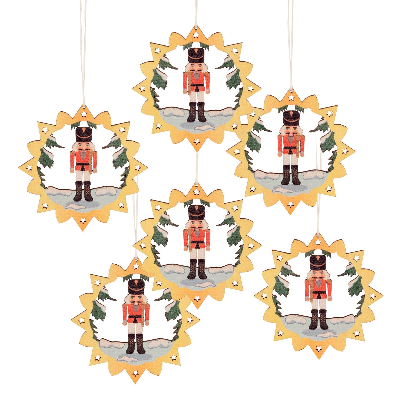 Six colorful nutcracker hanging decorations in star-shaped frames with a nutcracker figure and a tree design. im Dregeno Online Shop günstig kaufen