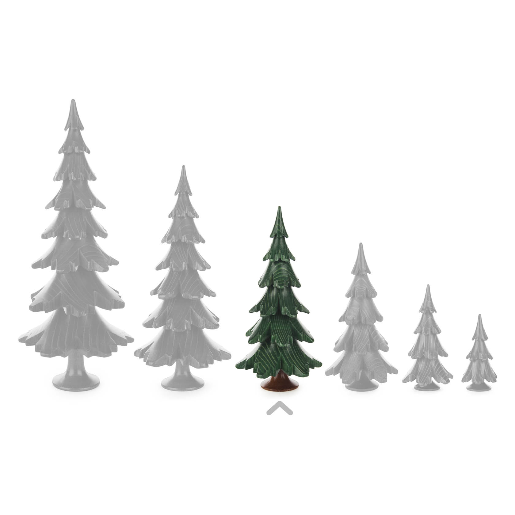 Green lacquered solid wood tree figurine, 15.5 cm tall, surrounded by grey trees of varying sizes.