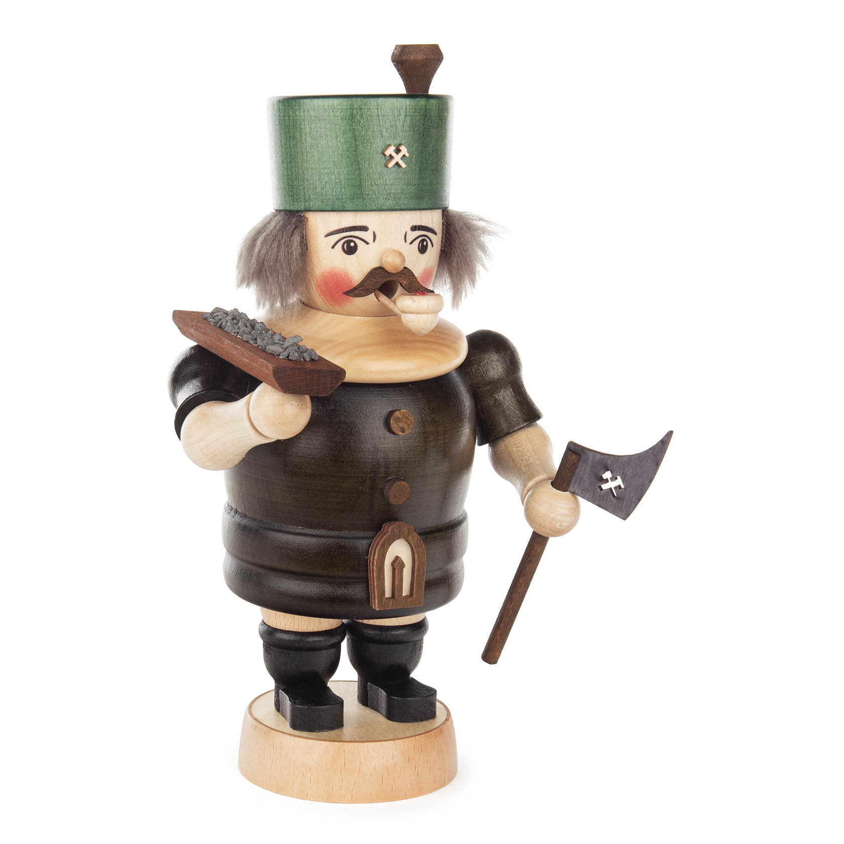 A wooden smoking man figurine, depicting a miner. He wears a green hat, has a mustache, holds an axe in one hand, and a smoking tray in the other. im Dregeno Online Shop günstig kaufen