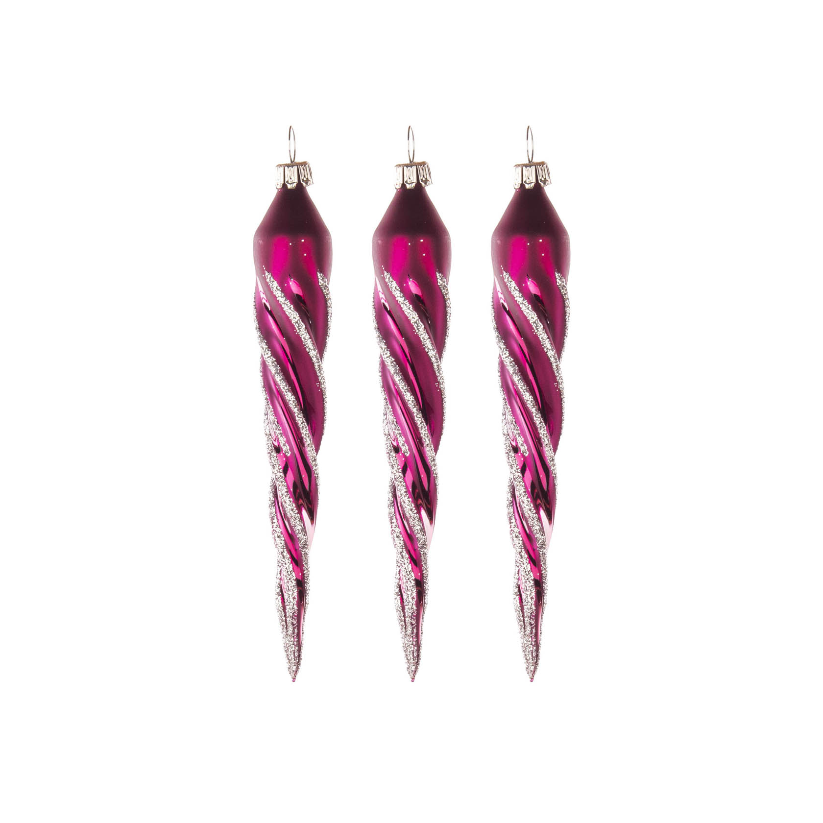Drei matt beerene Eiszapfen-Christbaumornamente mit silbernen Glitzerstreifen. im Dregeno Online Shop günstig kaufen