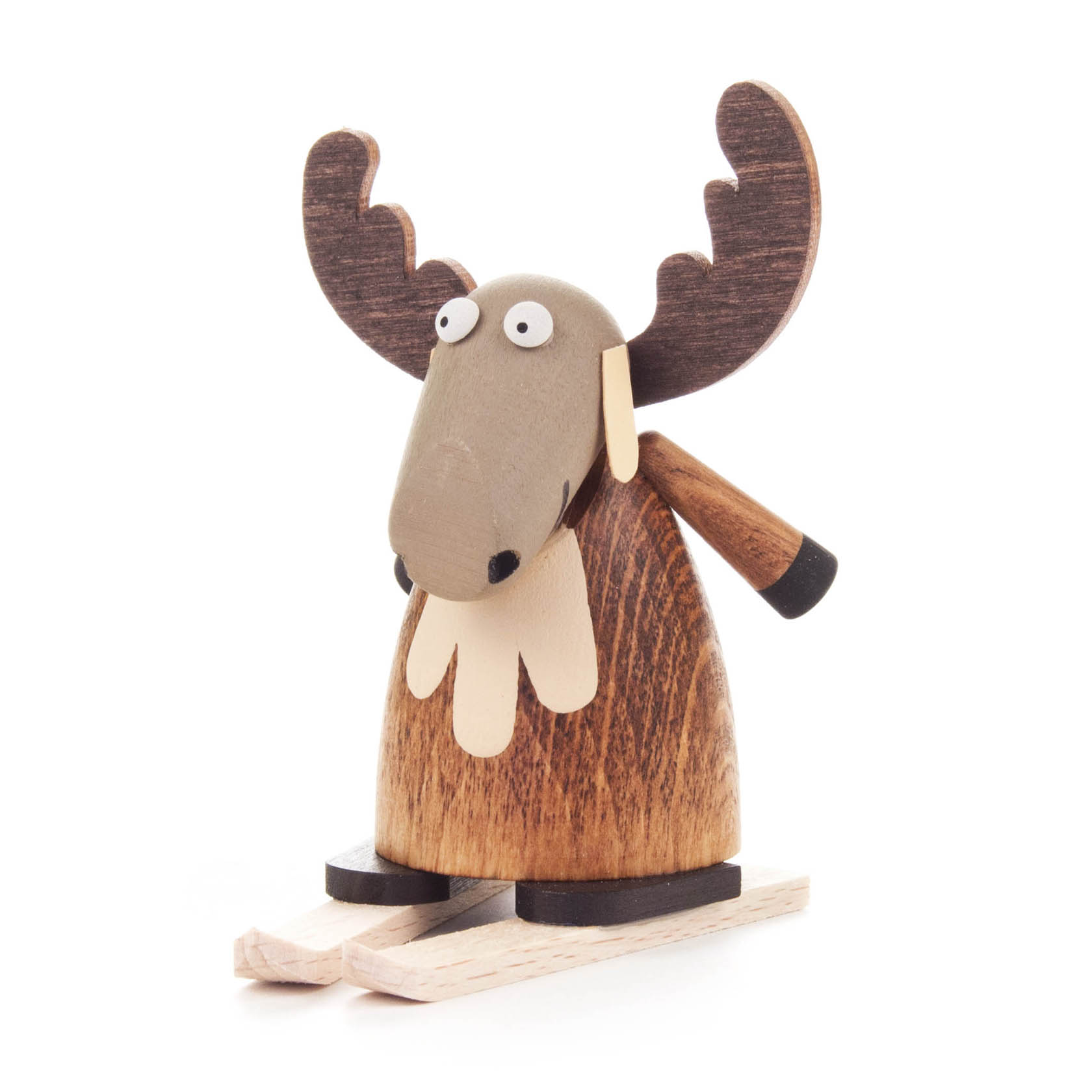 A wooden moose figure with cartoonish eyes, standing on skis. The moose is carved from wood, with dark brown antlers and a light brown body. im Dregeno Online Shop günstig kaufen